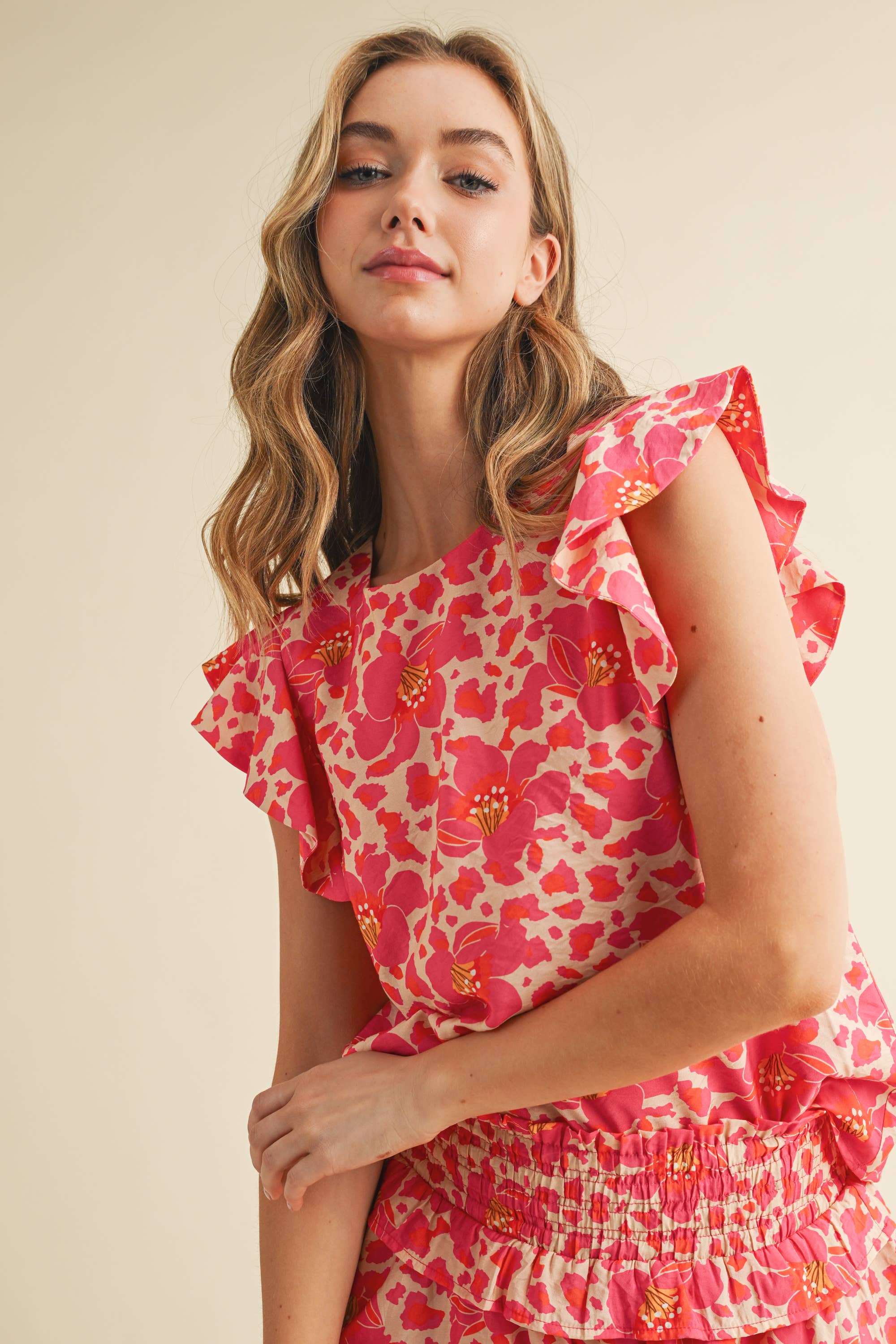 Floral Print Flutter Sleeves Round Neckline Top