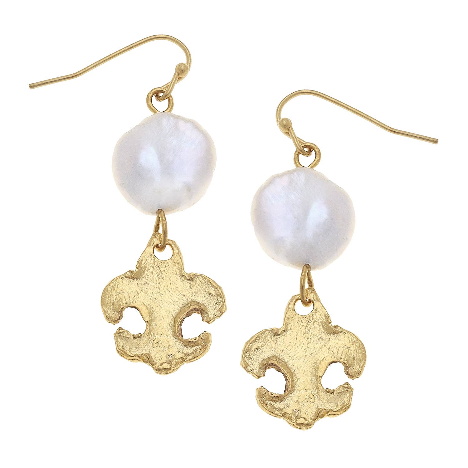 Susan Shaw - Gold Fleur De Lis & Genuine Freshwater Coin Pearl Earrings
