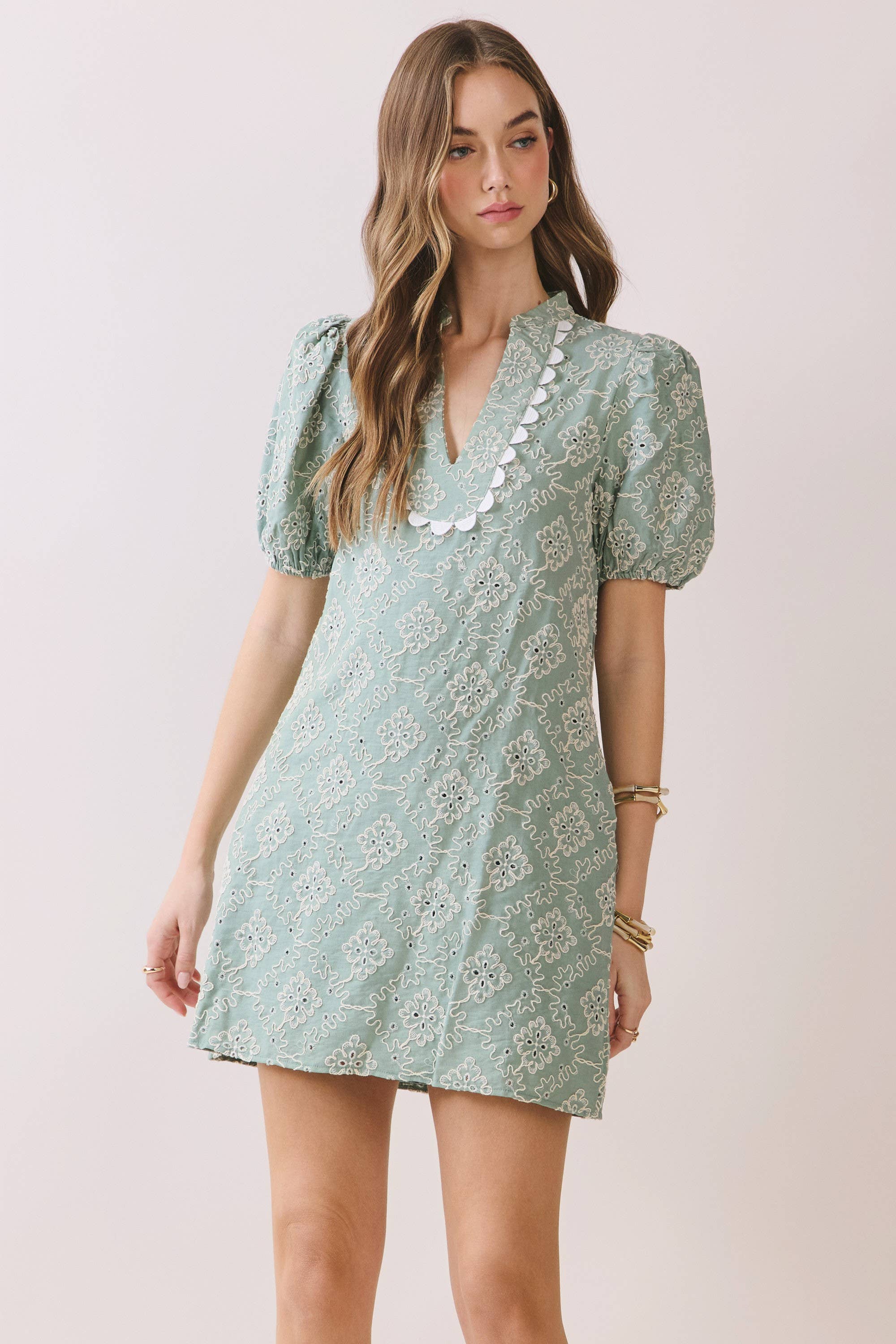 TCEC - CD06312-Embroidered Puff Sleeve V Neck Mini Dress