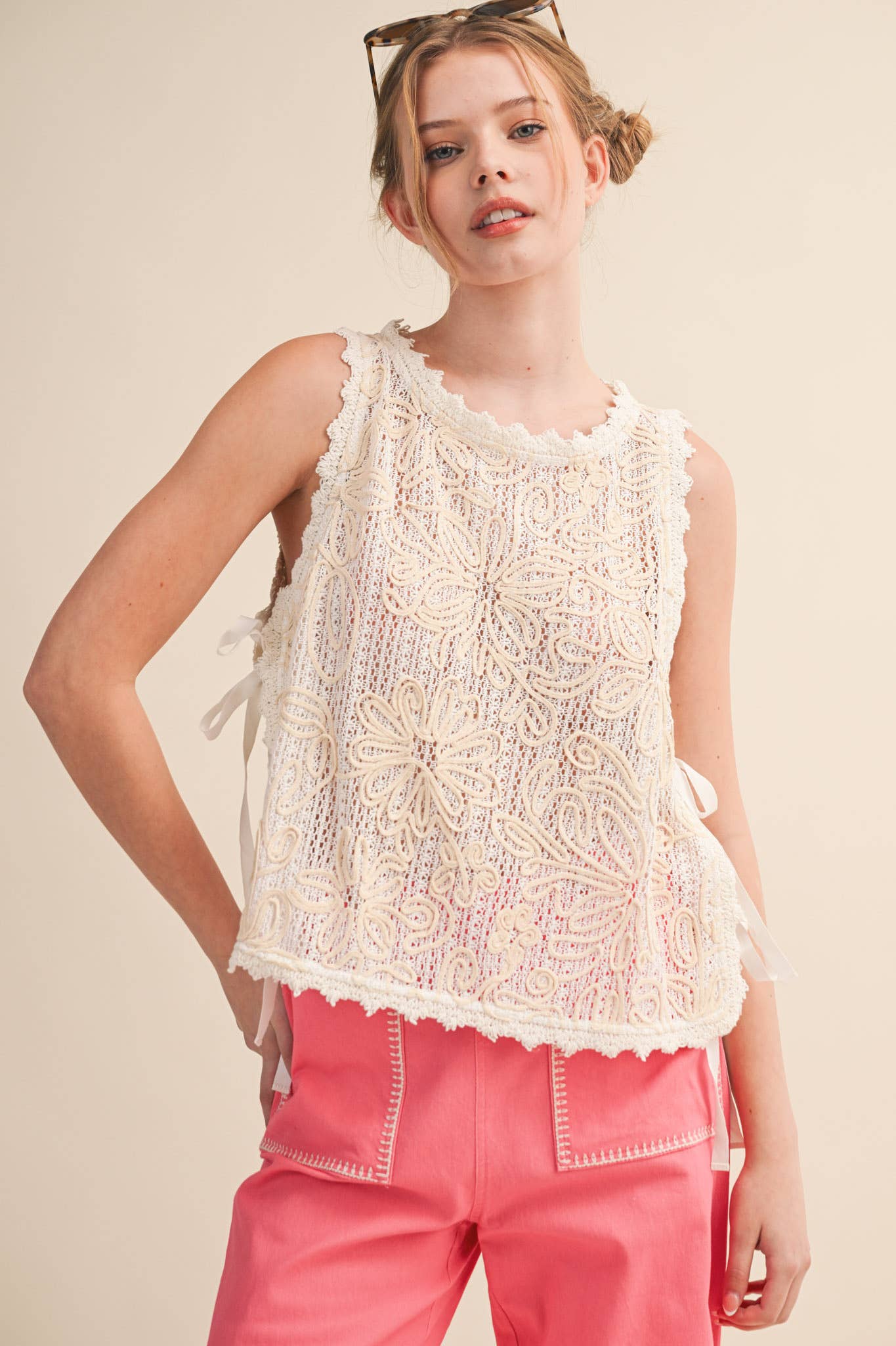 &MERCI - FLORAL CROCHET TANK WITH SIDE TYING DETAIL MTP4770