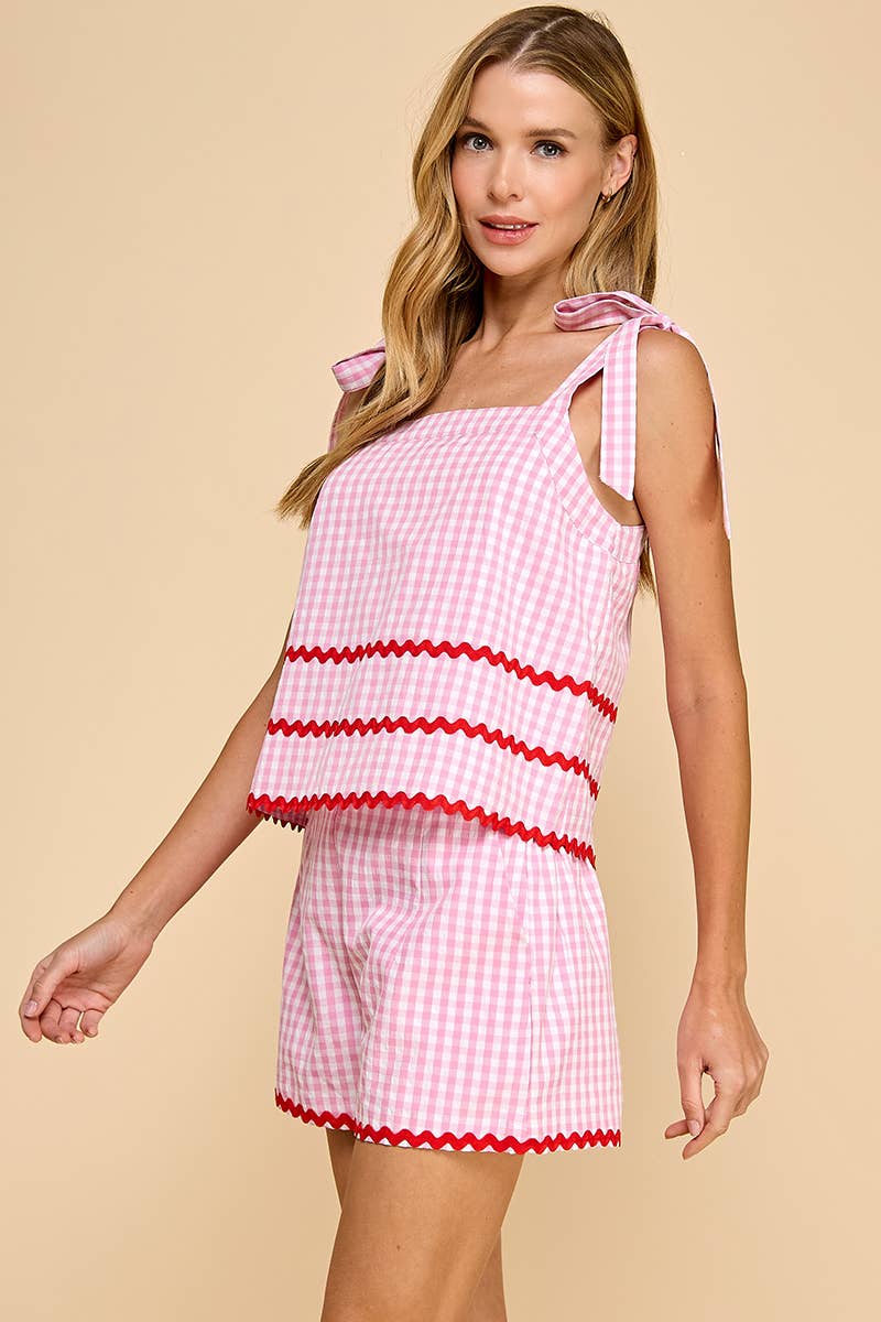 Gingham Contrast Ricrac Detail Top