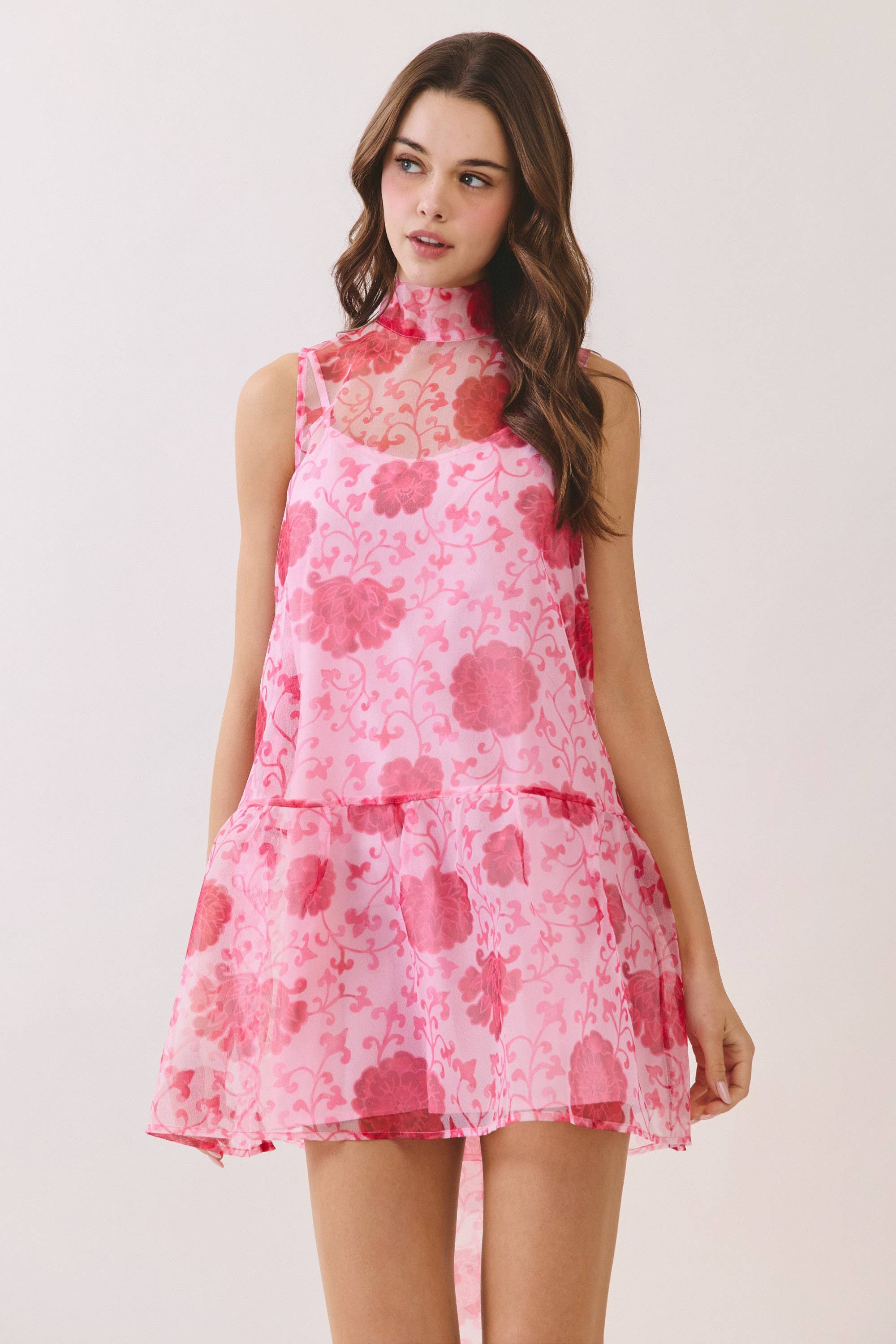 TCEC - CD06998-Floral Sheer High Neck With Self Tie Mini Dress