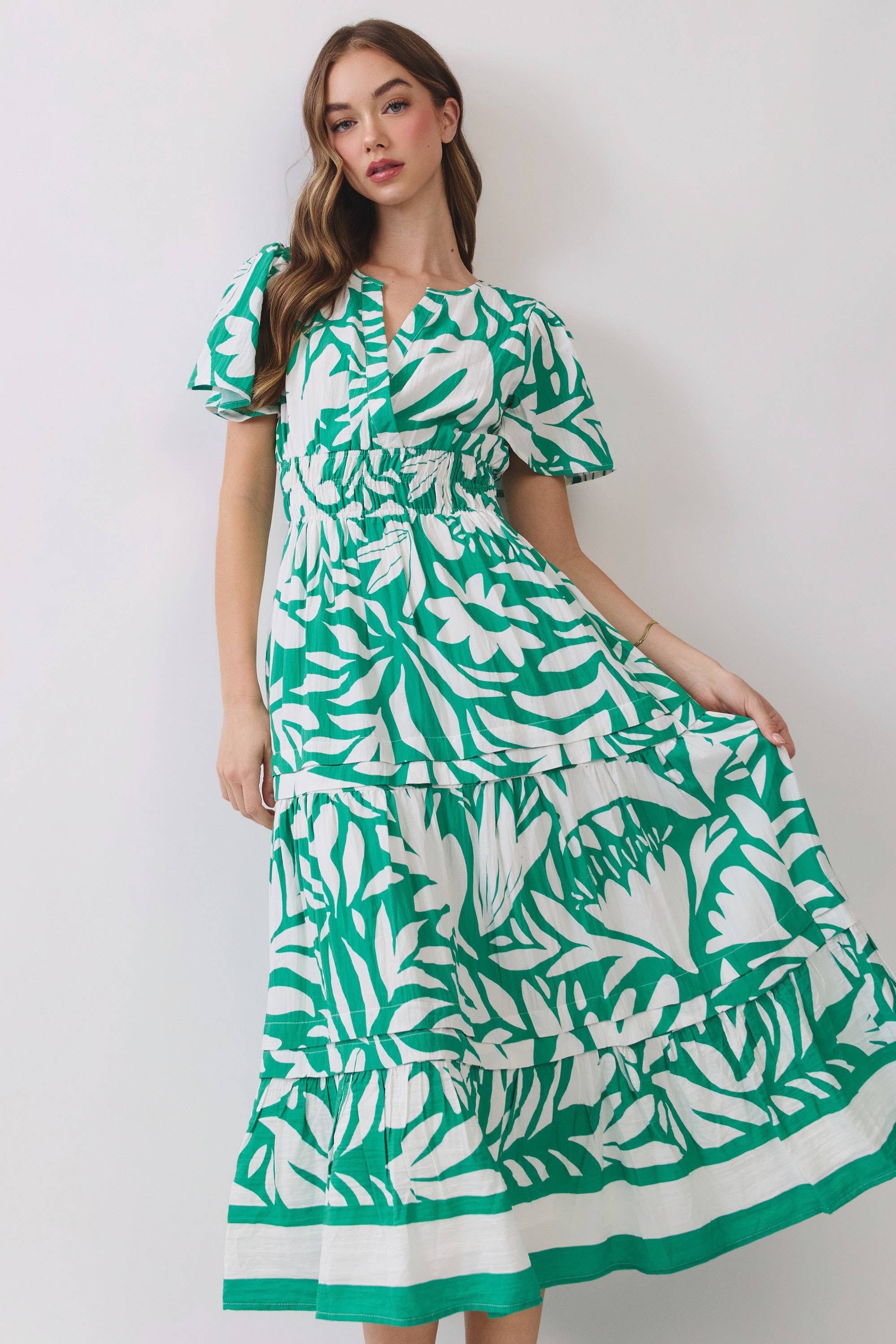 Tropical Print Smocked Waist Tiered Midi Dress