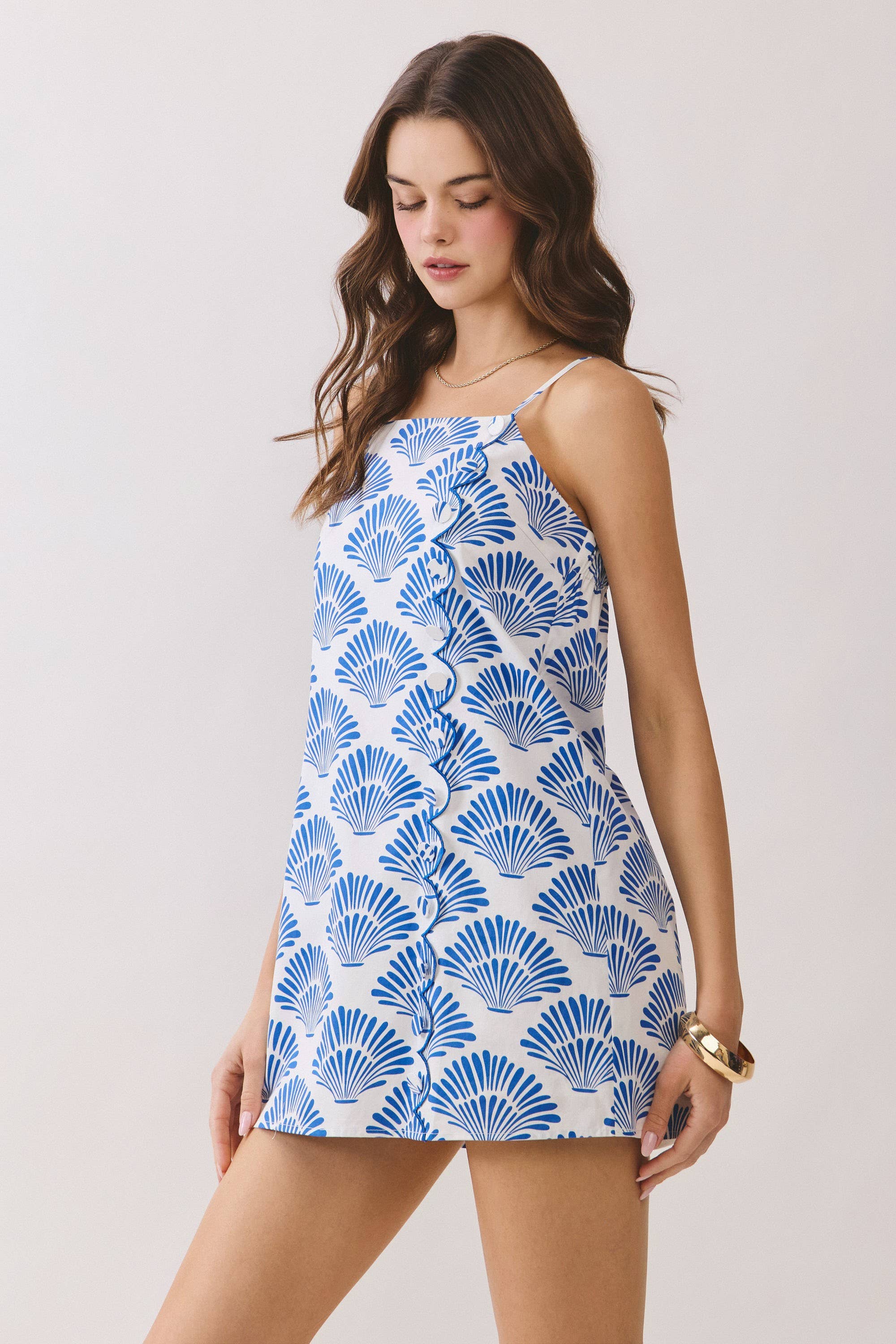 TCEC - CD06816-Shell Print Front Scallop Trim Mini Dress