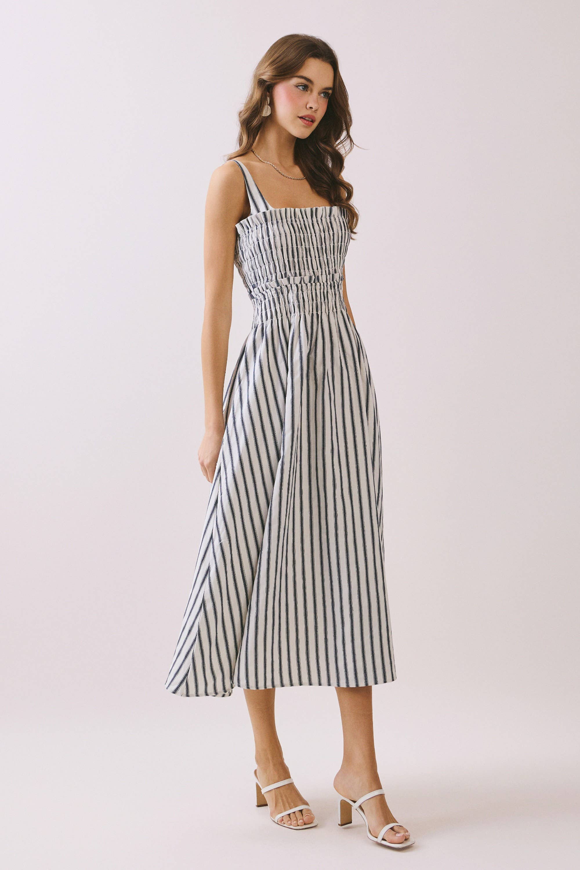 Smocked Bodice Adjustable Straps Striped Dress