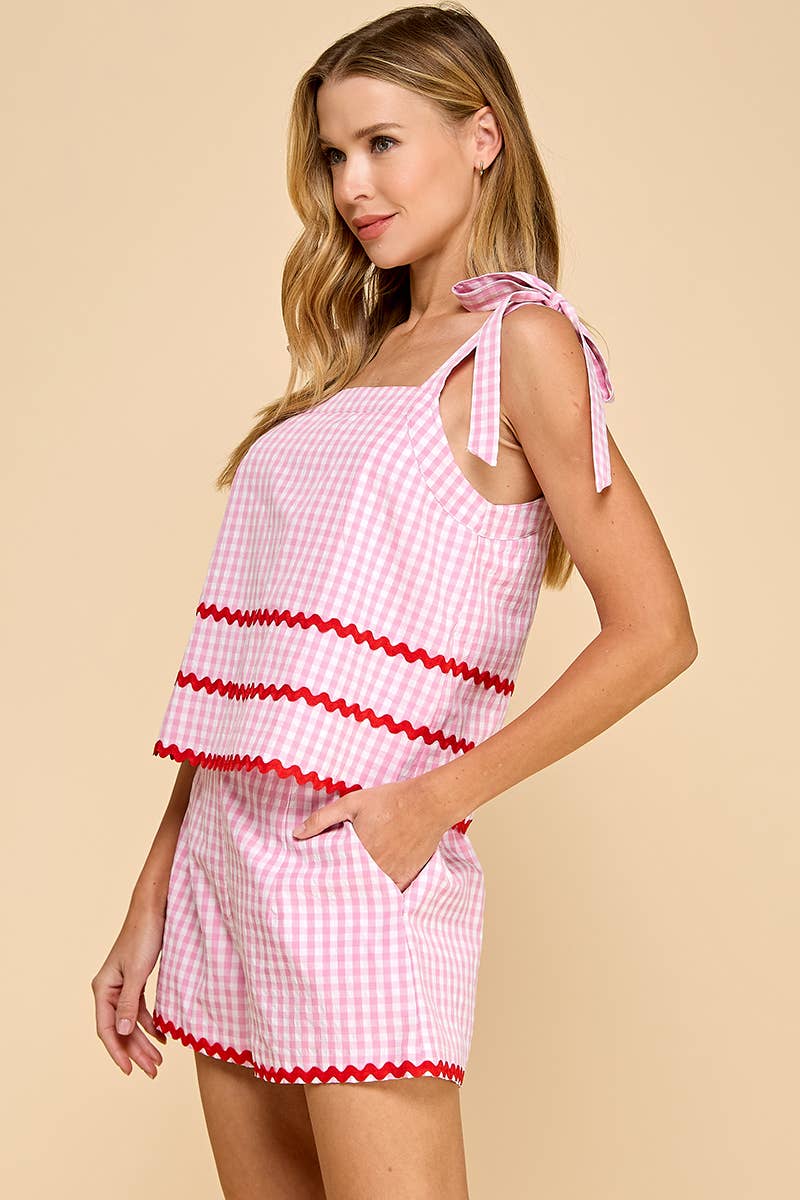 Gingham Contrast Ricrac Detail Top