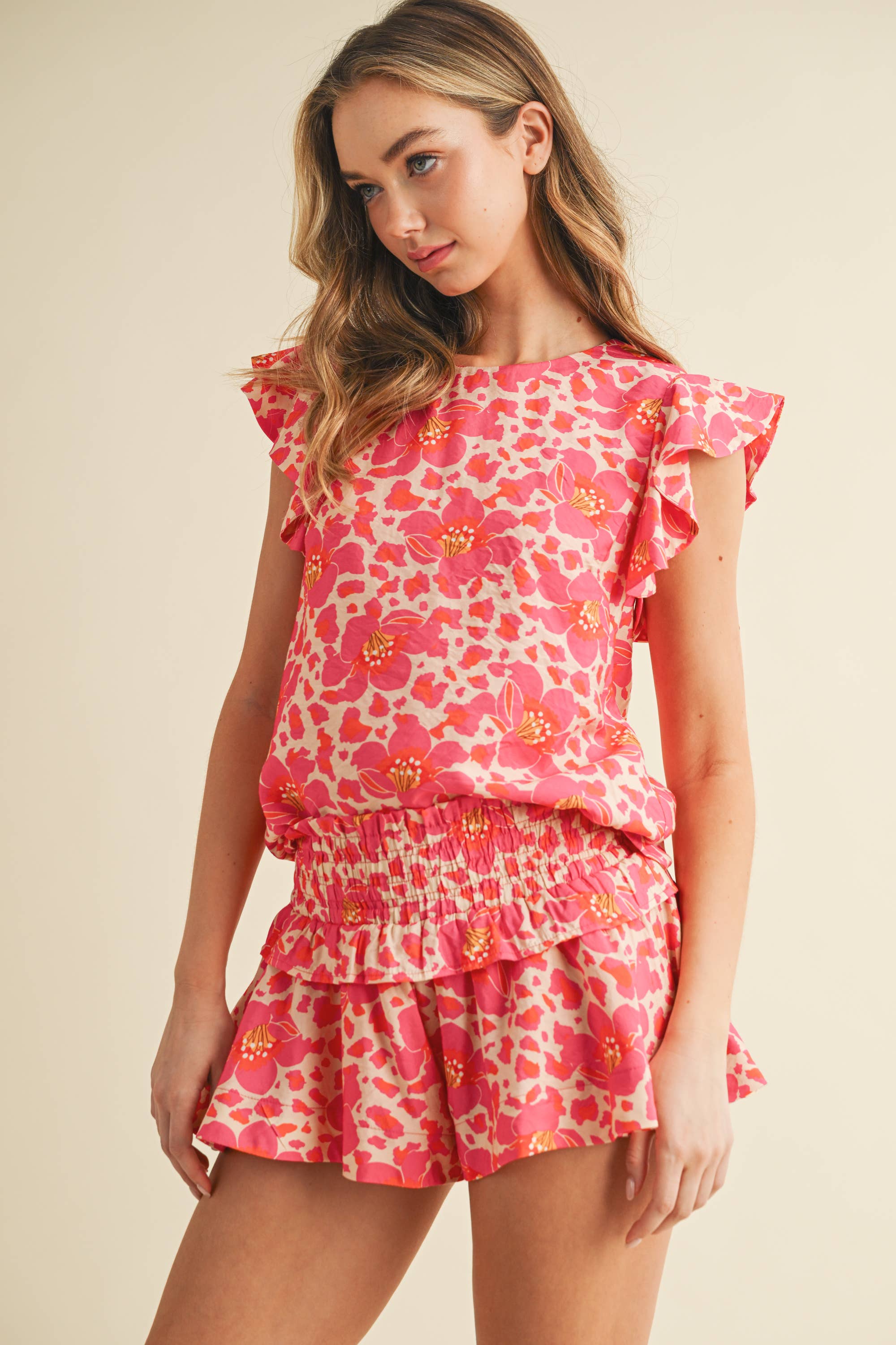 Floral Print Flutter Sleeves Round Neckline Top