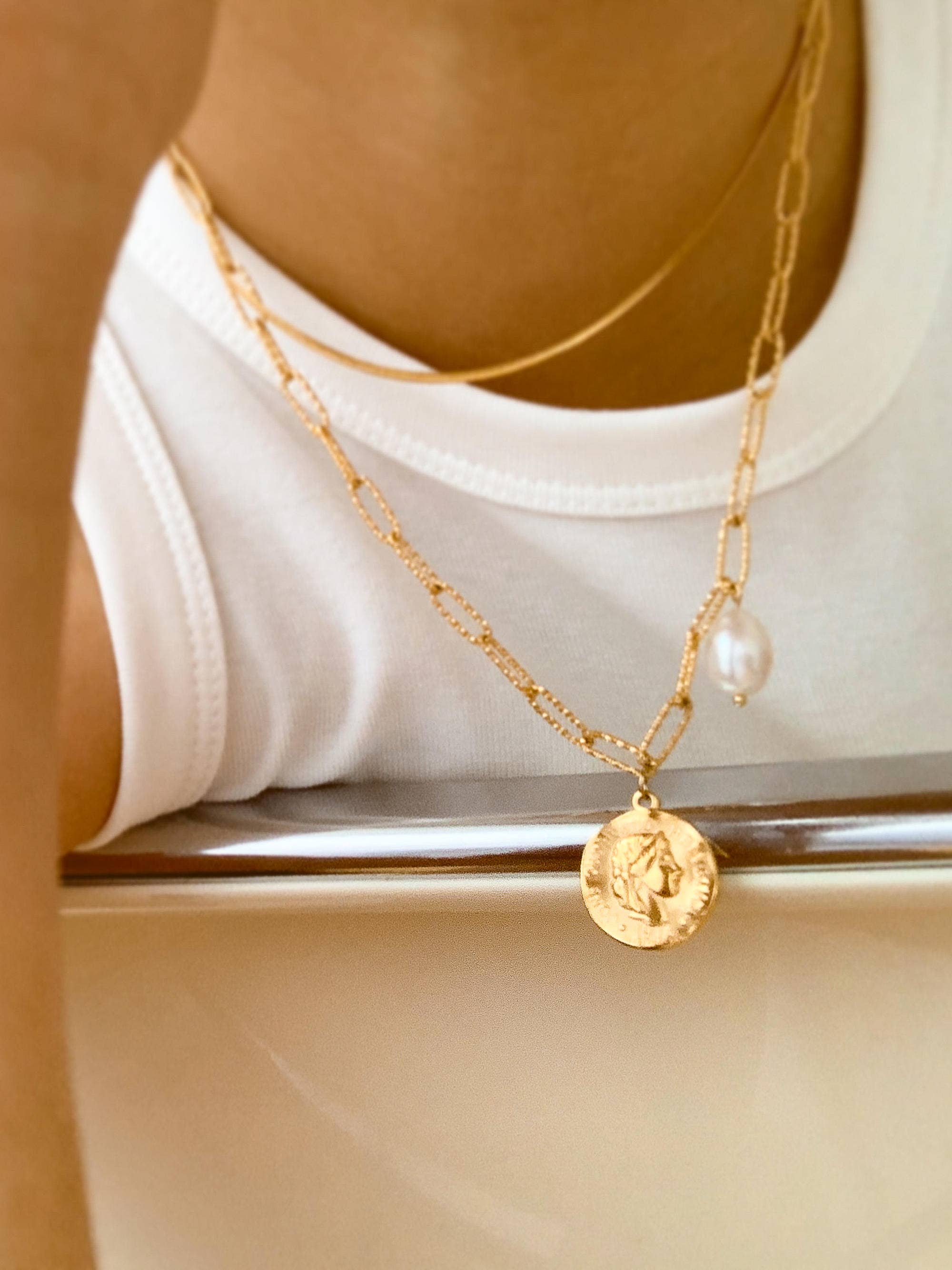 18K Gold Non-Tarnish Coin Chain Necklace