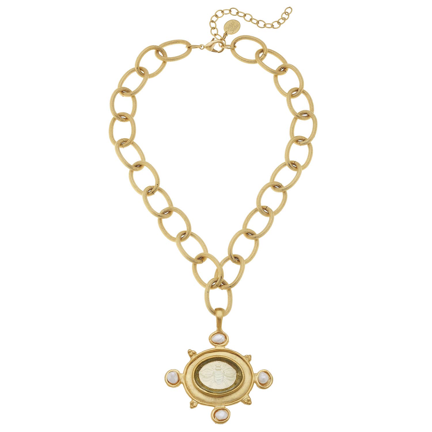 Susan Shaw - Clear Venetian Glass Bee Intaglio with Handset Freshwater Pearls on Genuine Freshwater Pearl Necklace