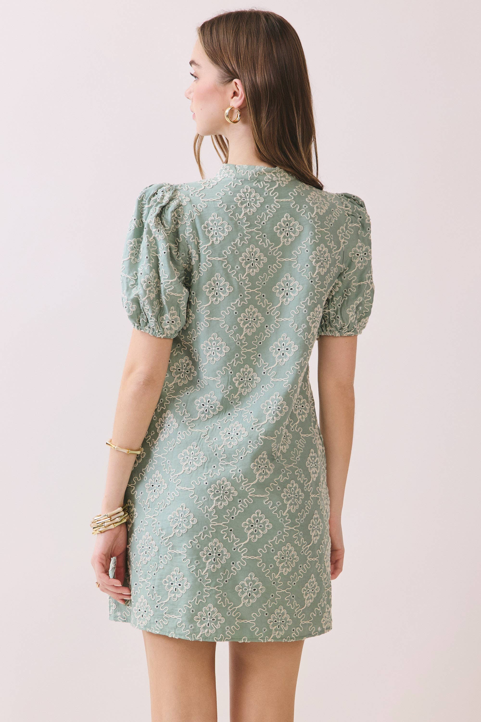 TCEC - CD06312-Embroidered Puff Sleeve V Neck Mini Dress