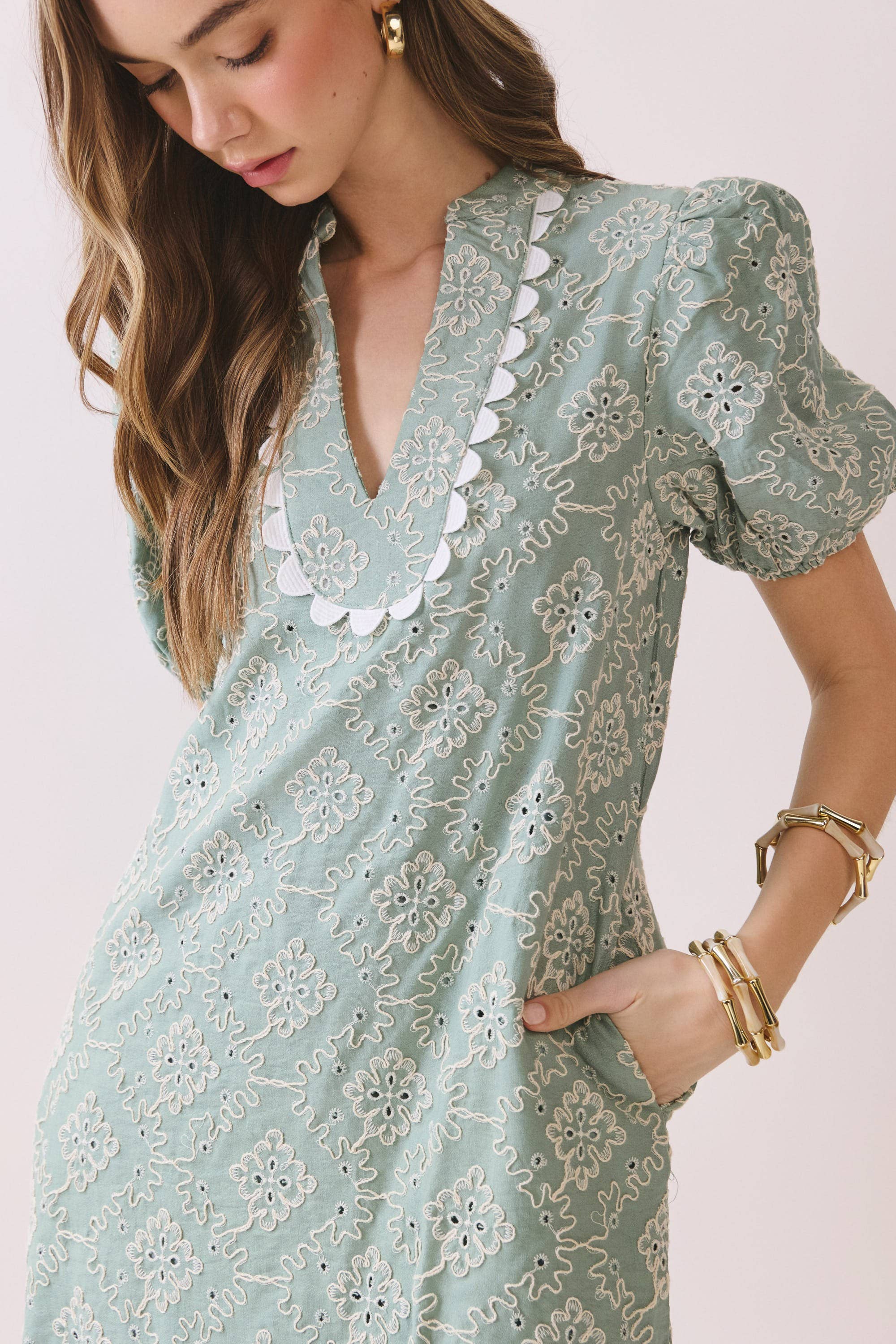 TCEC - CD06312-Embroidered Puff Sleeve V Neck Mini Dress