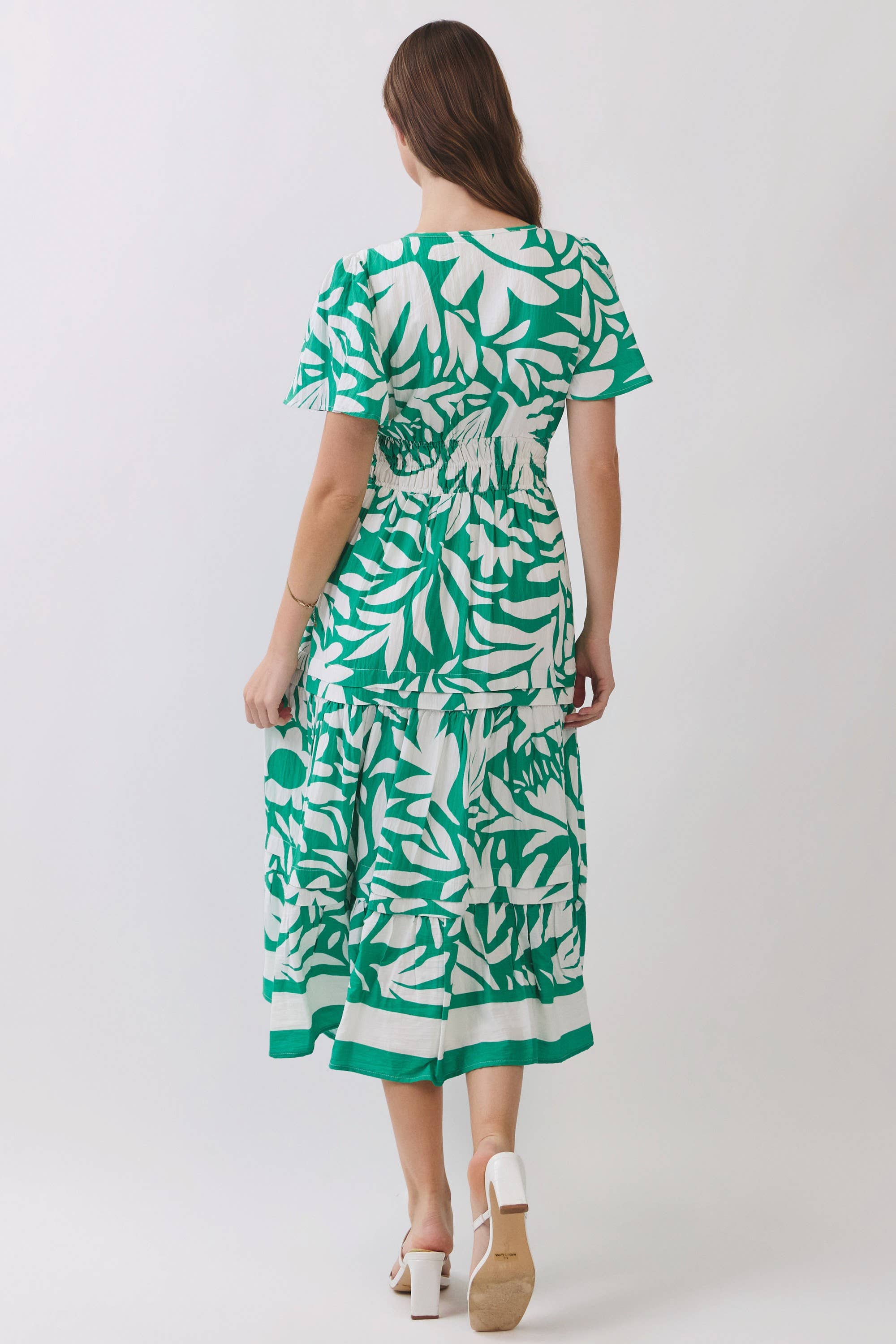 Tropical Print Smocked Waist Tiered Midi Dress