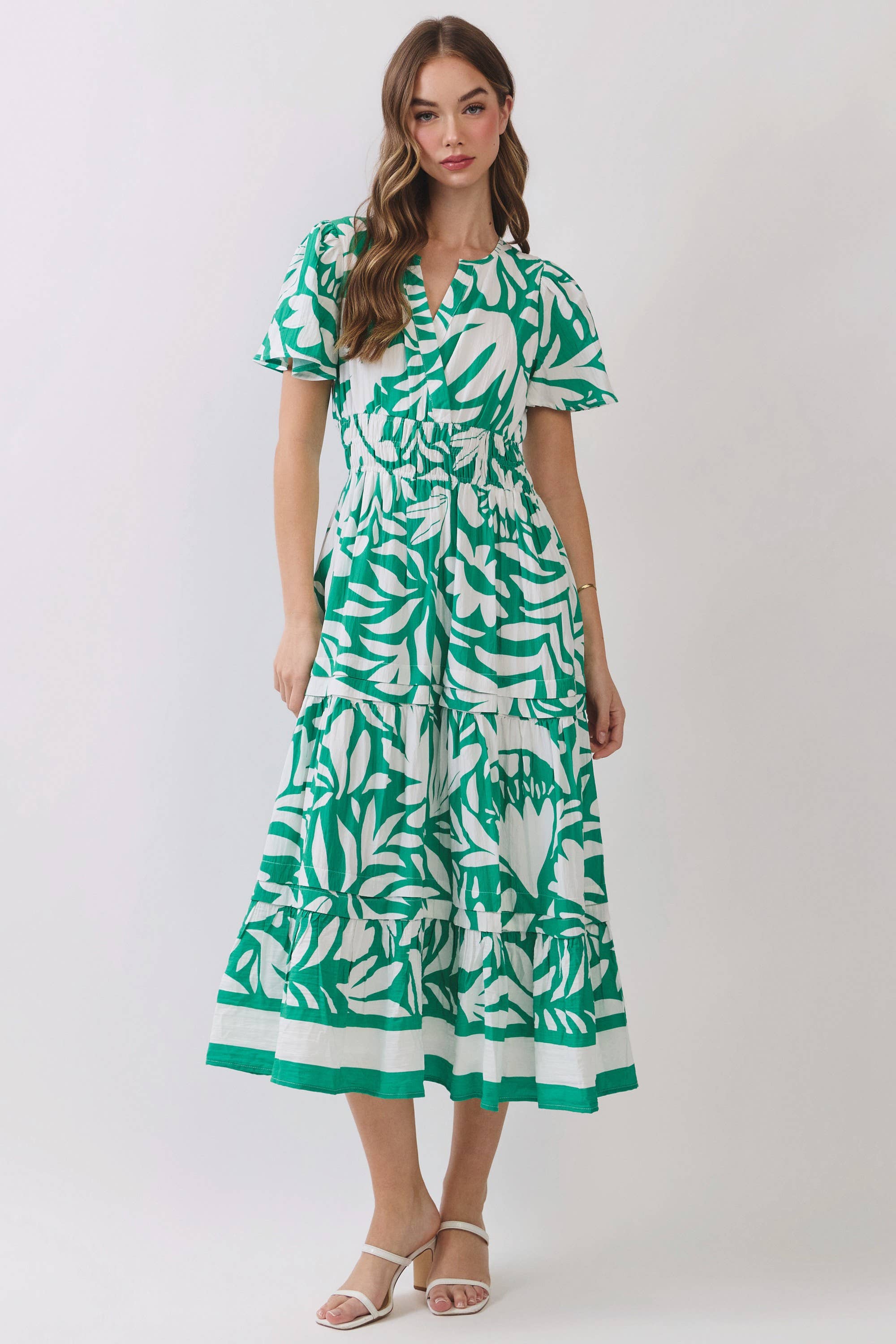 Tropical Print Smocked Waist Tiered Midi Dress
