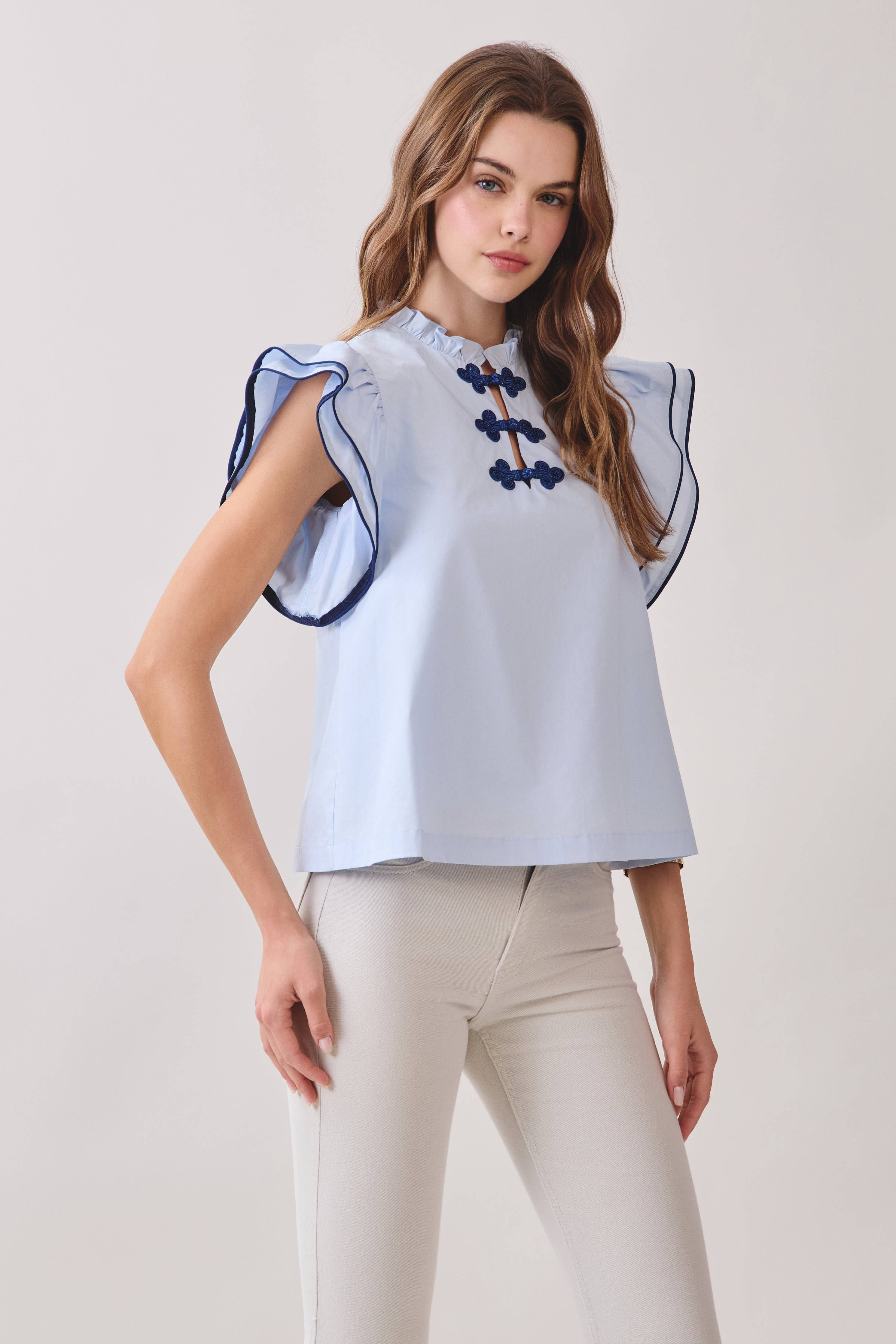 Ruffle Layered Flutter Sleeves Contrast Piping Top