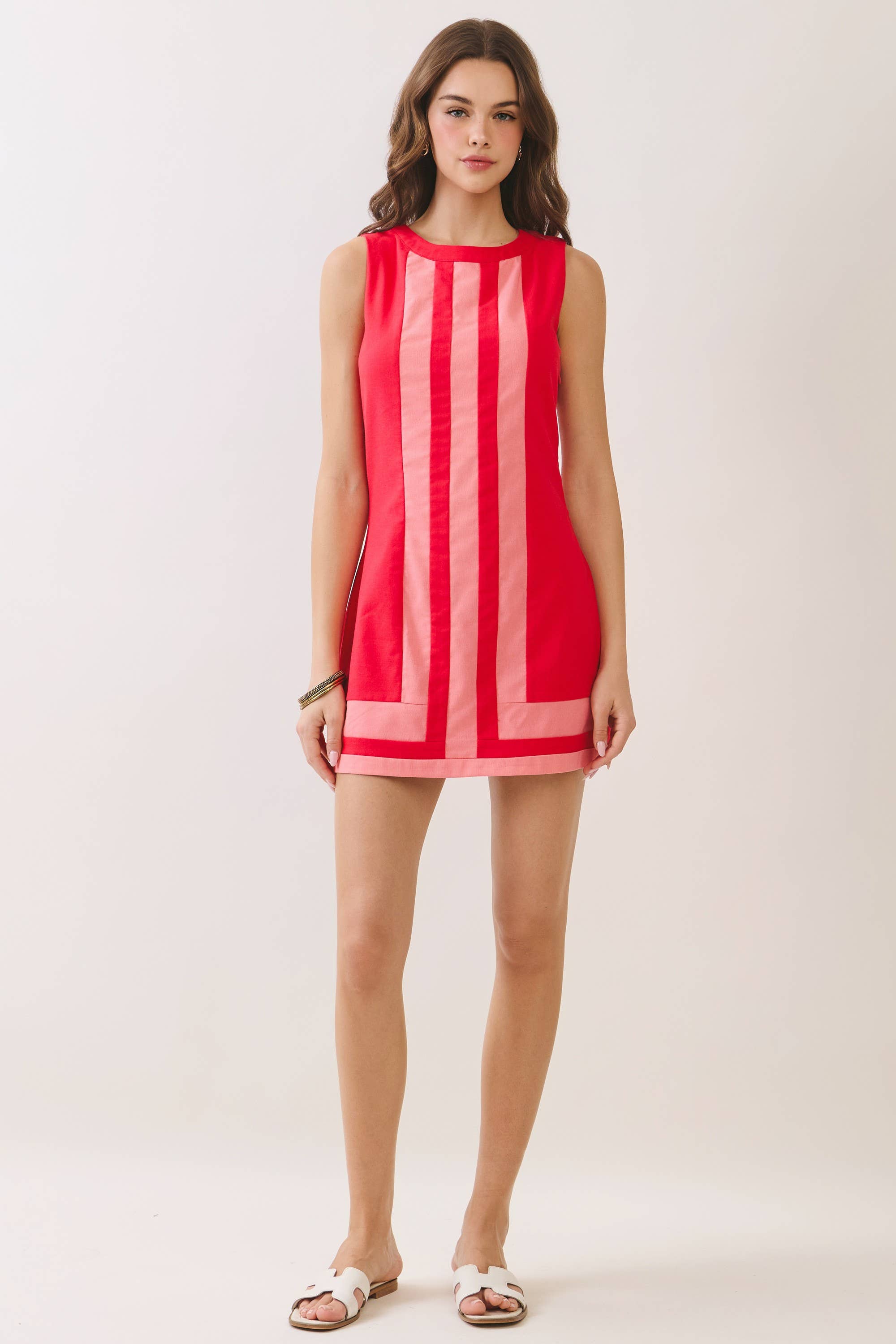 TCEC - CD06979-Bold Contrast Stripe Sleeveless Mini Dress