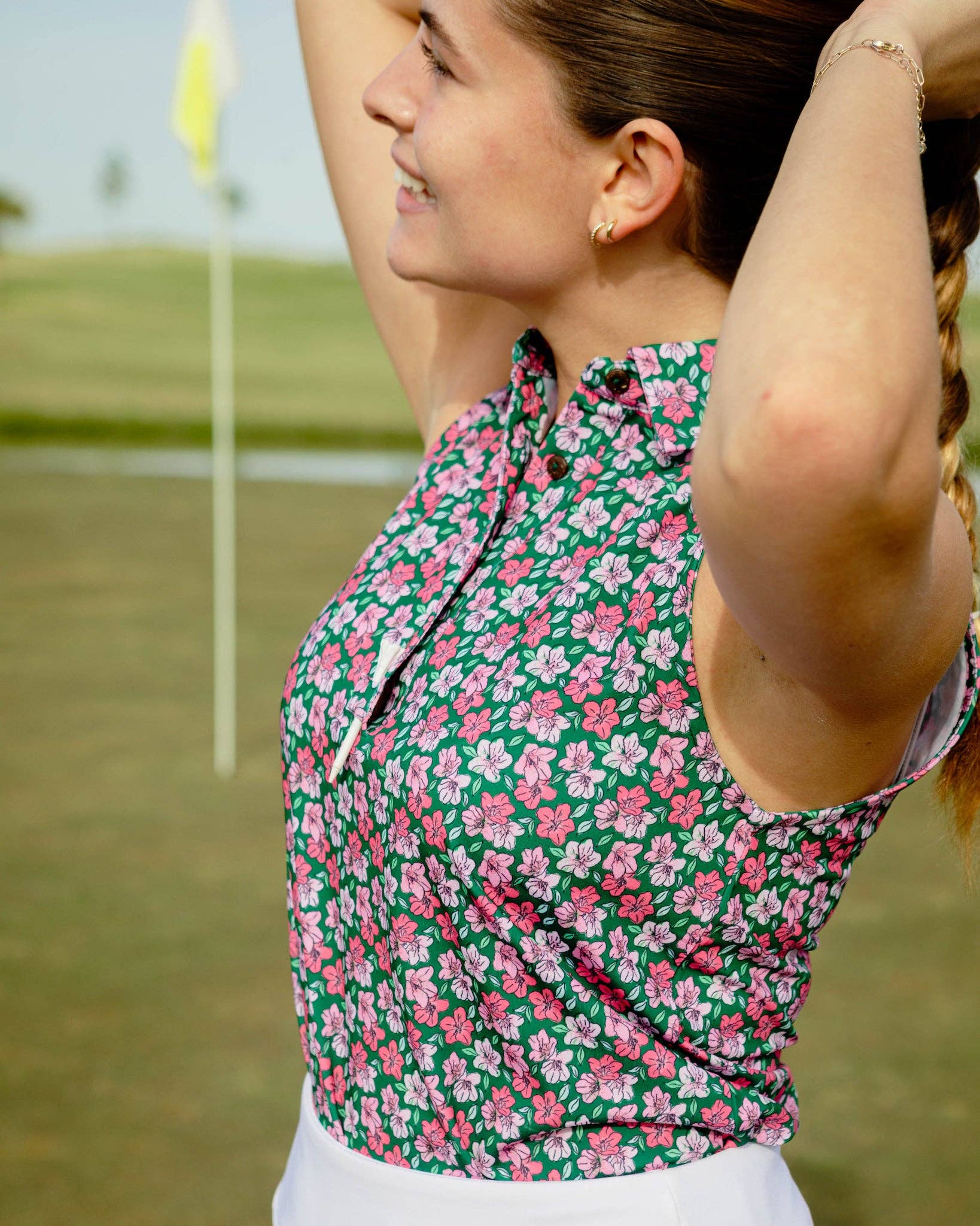 Kenny Flowers - Womens Green and Prink Floral Print Sleeveless Polo