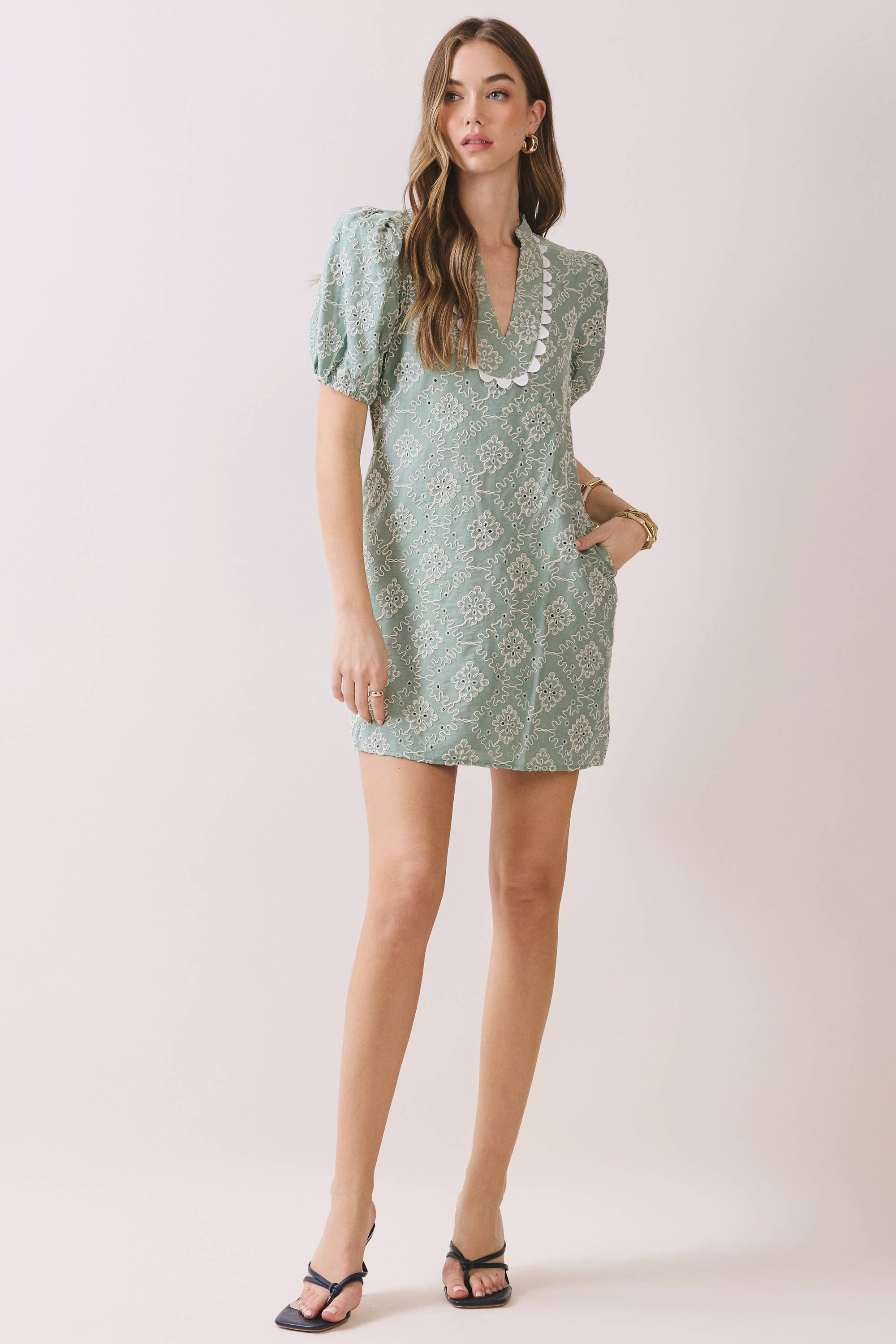 TCEC - CD06312-Embroidered Puff Sleeve V Neck Mini Dress