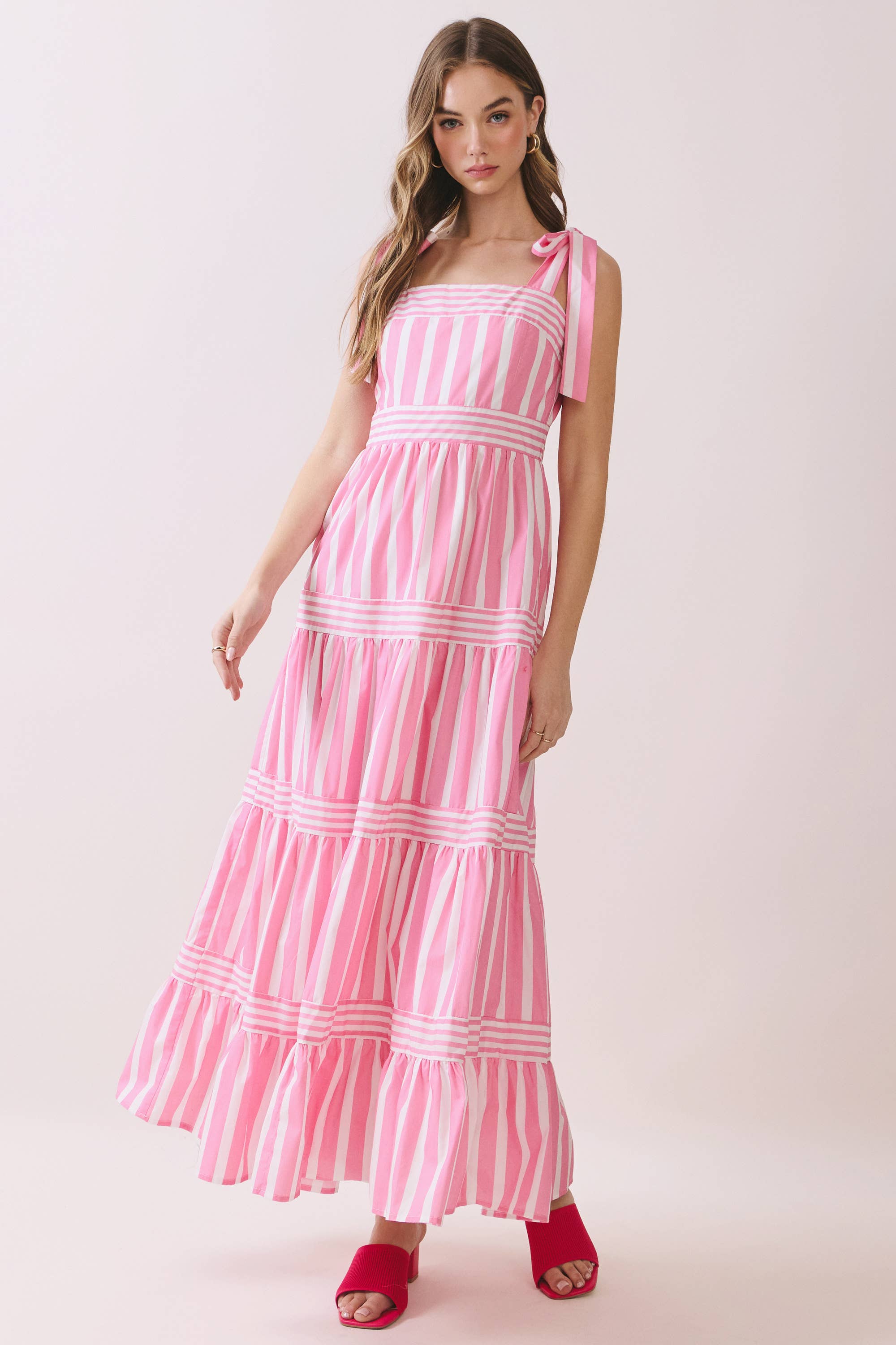 TCEC - CD06611-Striped Adjustable Tie Shoulder Straps Maxi Dress