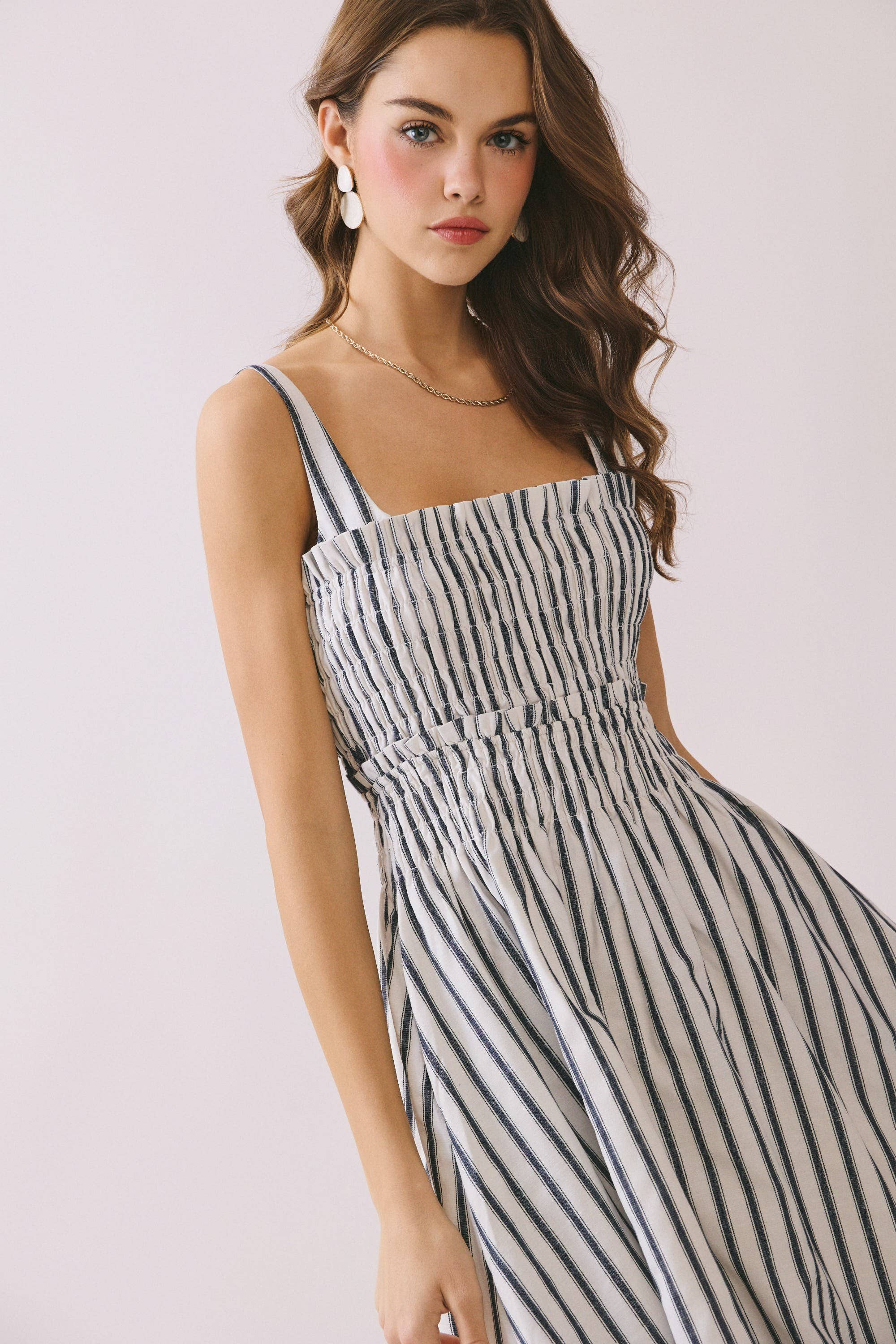 Smocked Bodice Adjustable Straps Striped Dress