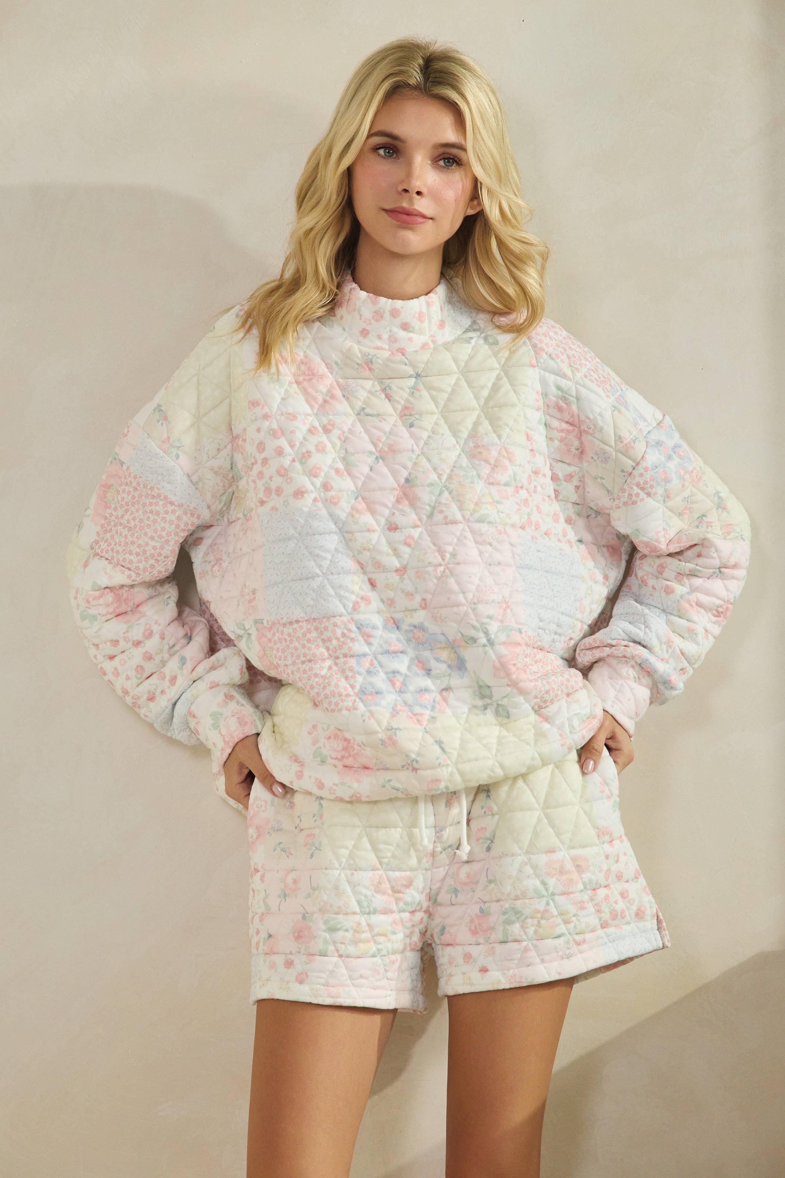 Floral Texture Crew- mock neck