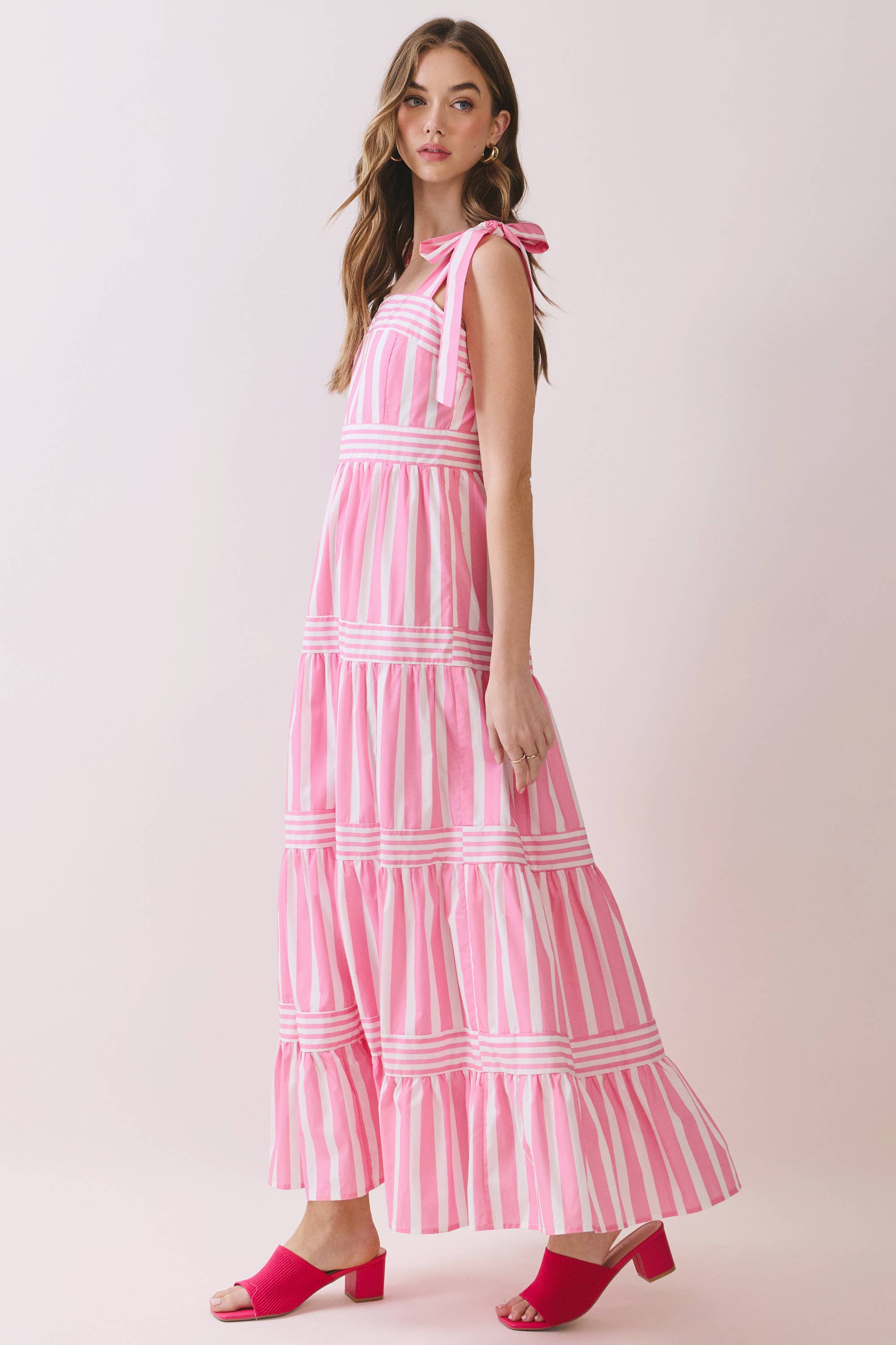 TCEC - CD06611-Striped Adjustable Tie Shoulder Straps Maxi Dress