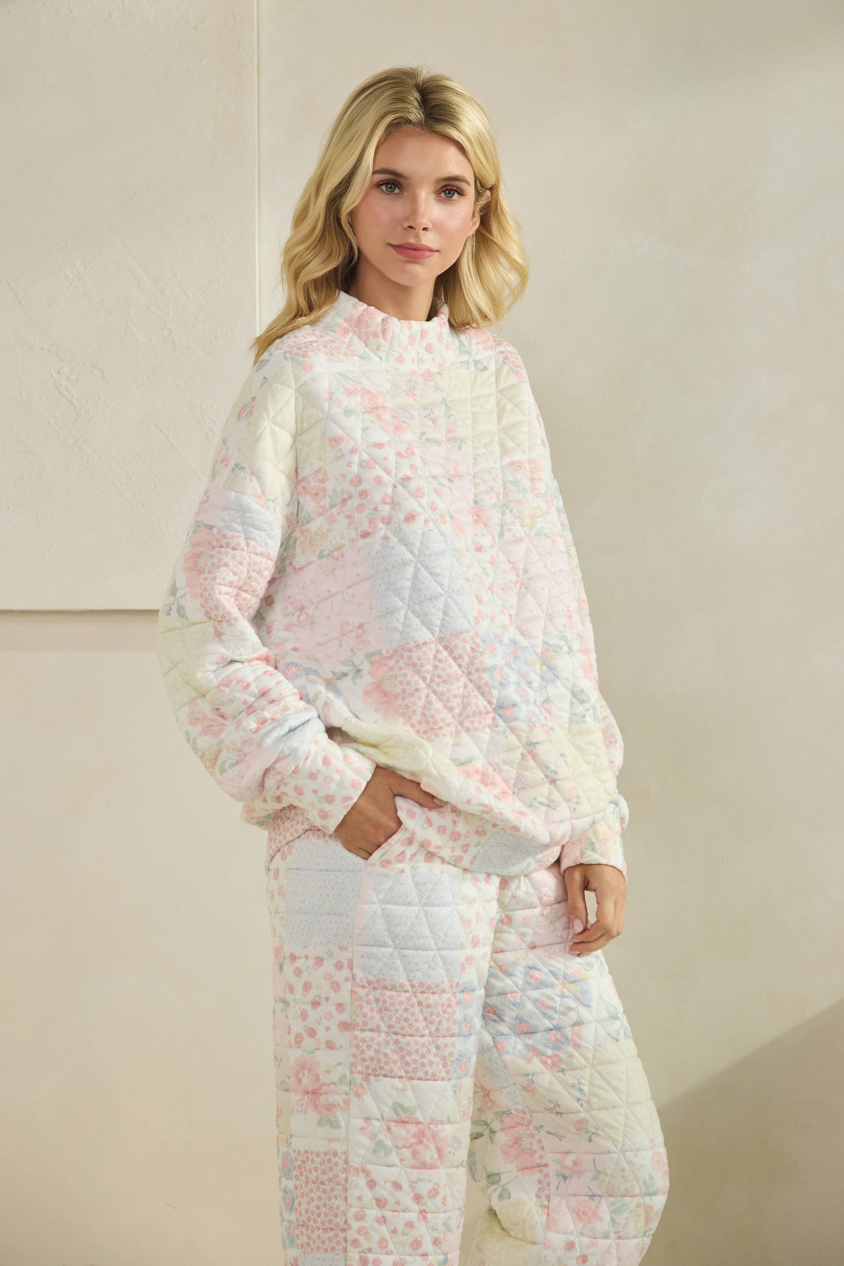Floral Texture Crew- mock neck