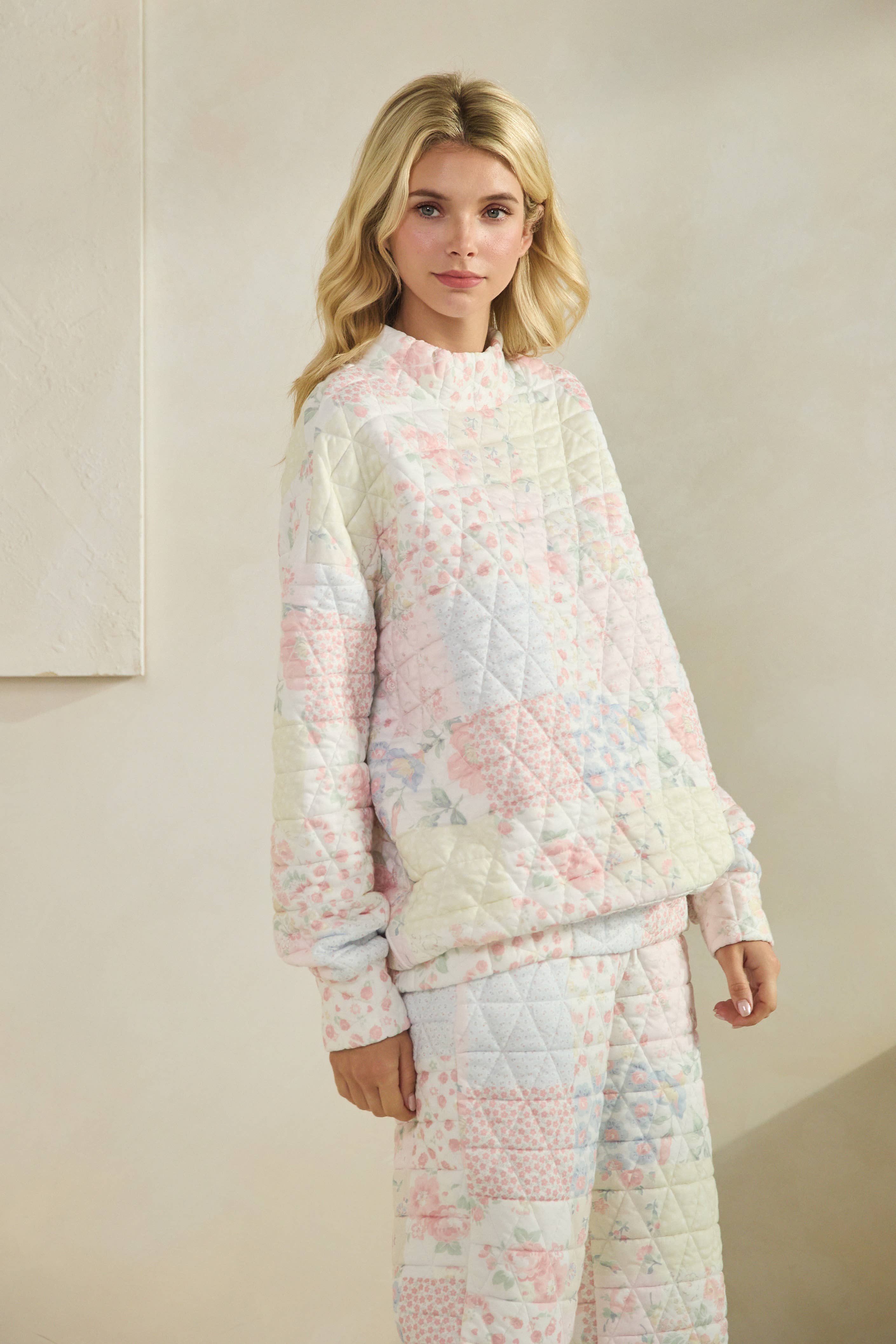 Floral Texture Crew- mock neck