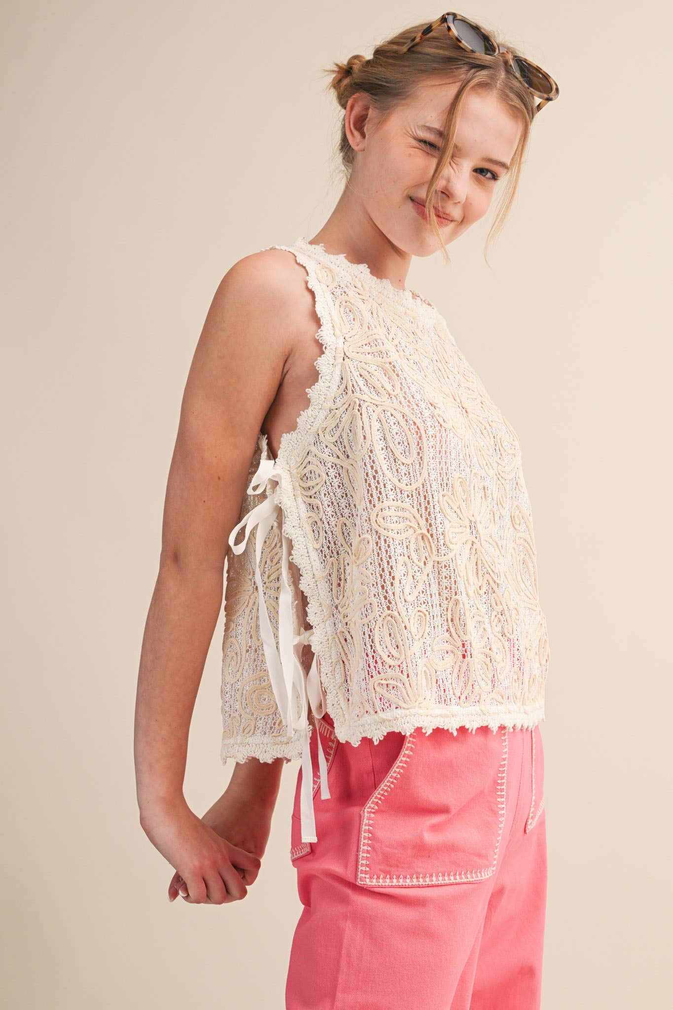 &MERCI - FLORAL CROCHET TANK WITH SIDE TYING DETAIL MTP4770