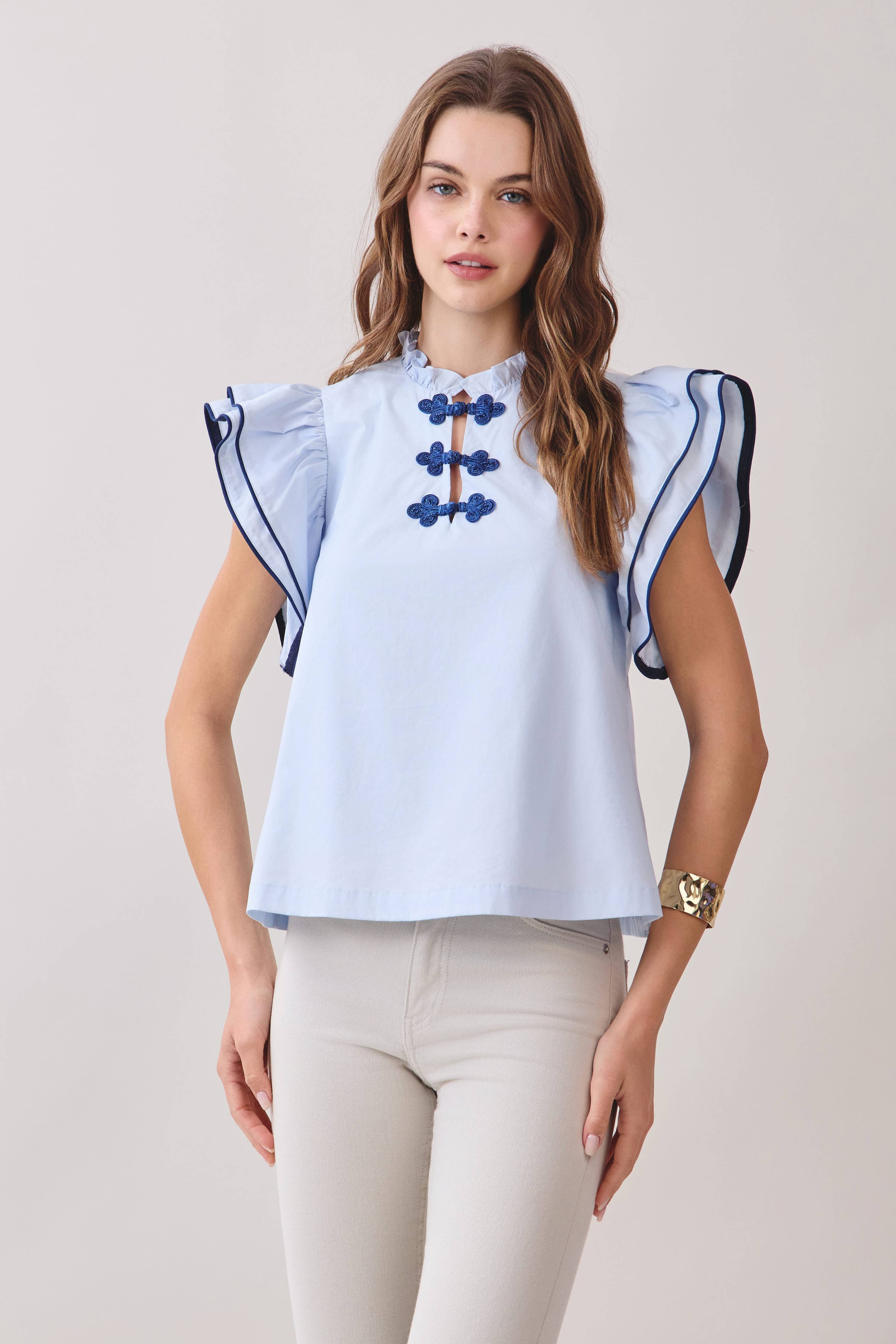 Ruffle Layered Flutter Sleeves Contrast Piping Top