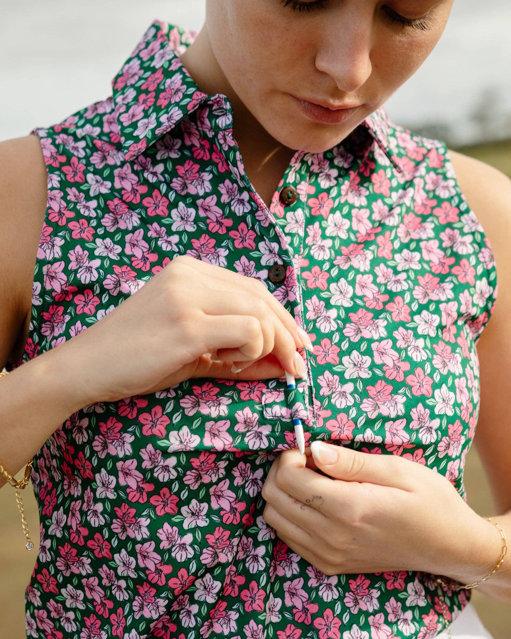 Kenny Flowers - Womens Green and Prink Floral Print Sleeveless Polo