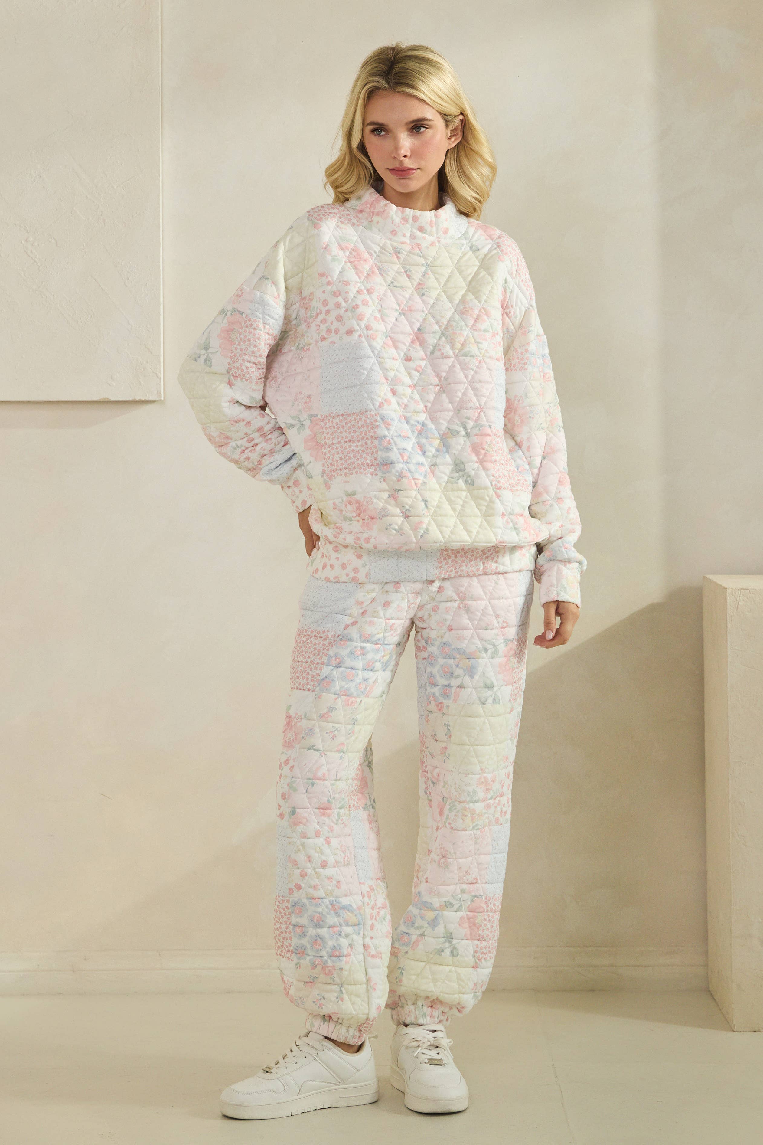 Floral Texture Crew- mock neck