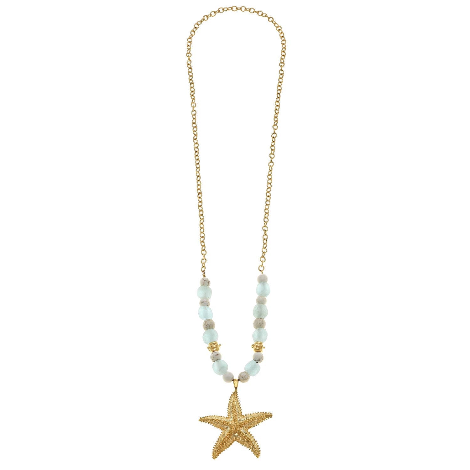 Susan Shaw - 32" Gold Starfish on Recycled Sea Glass and White Turquoise Necklace