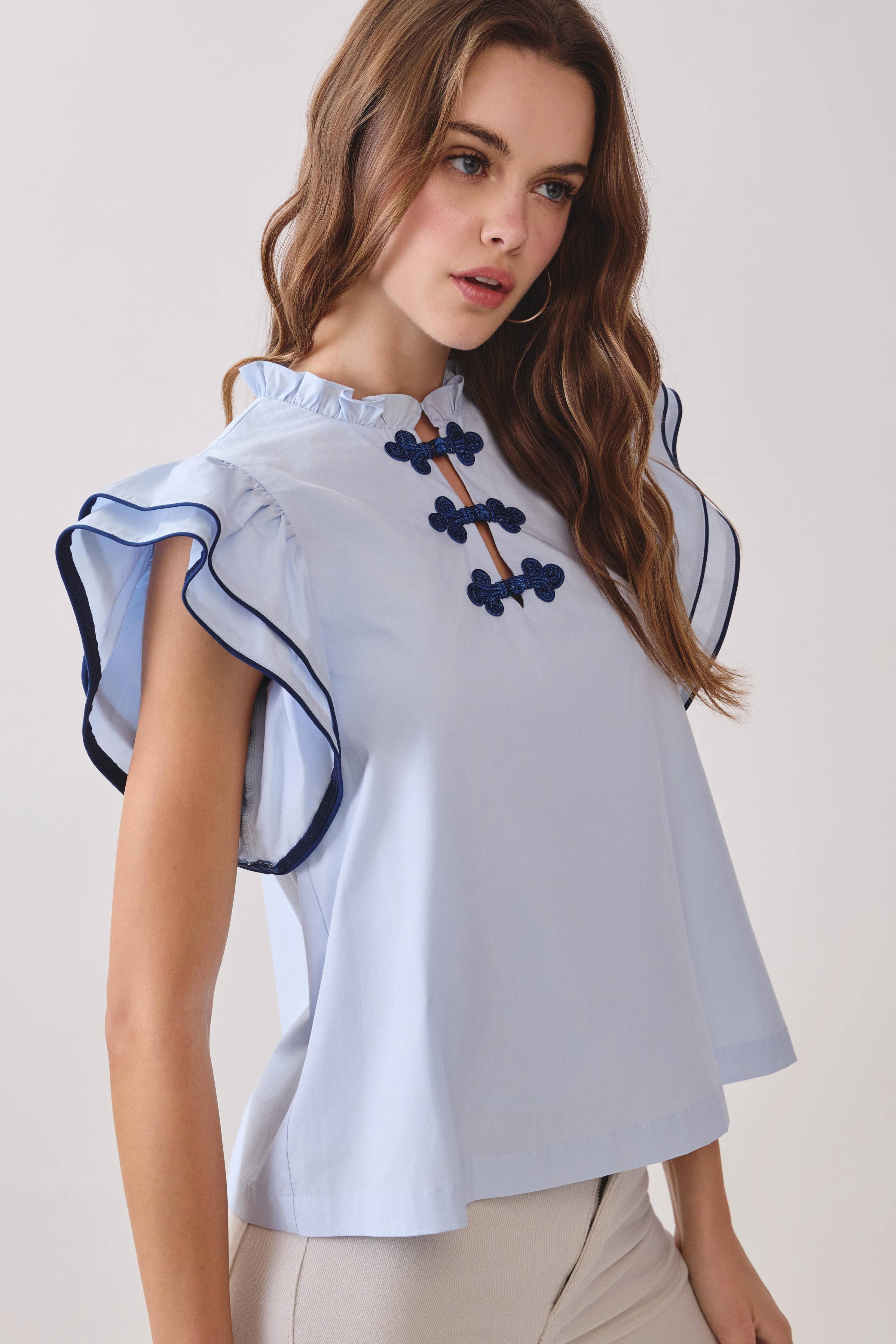 Ruffle Layered Flutter Sleeves Contrast Piping Top