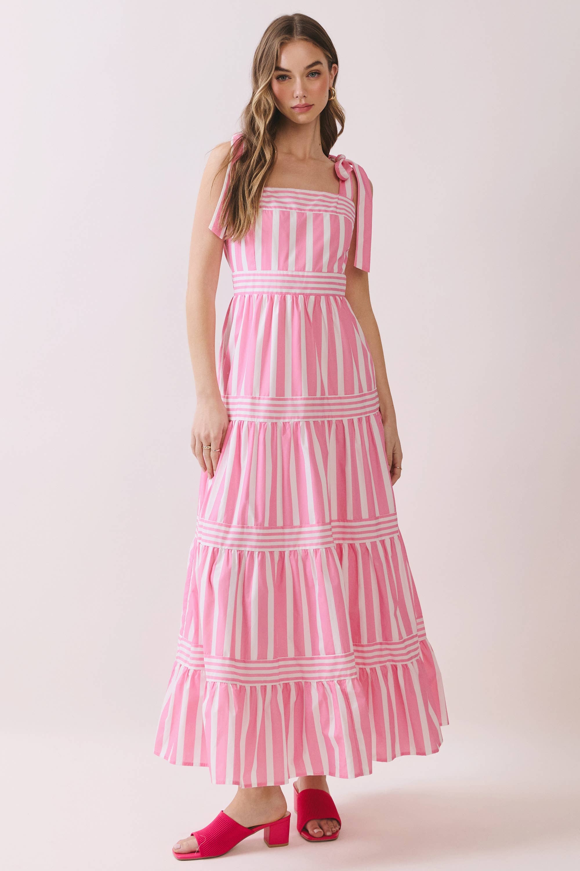 TCEC - CD06611-Striped Adjustable Tie Shoulder Straps Maxi Dress