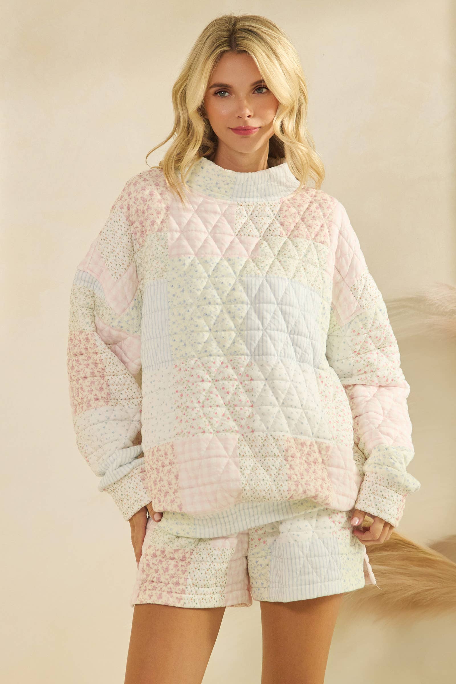 Floral Texture Crew- mock neck