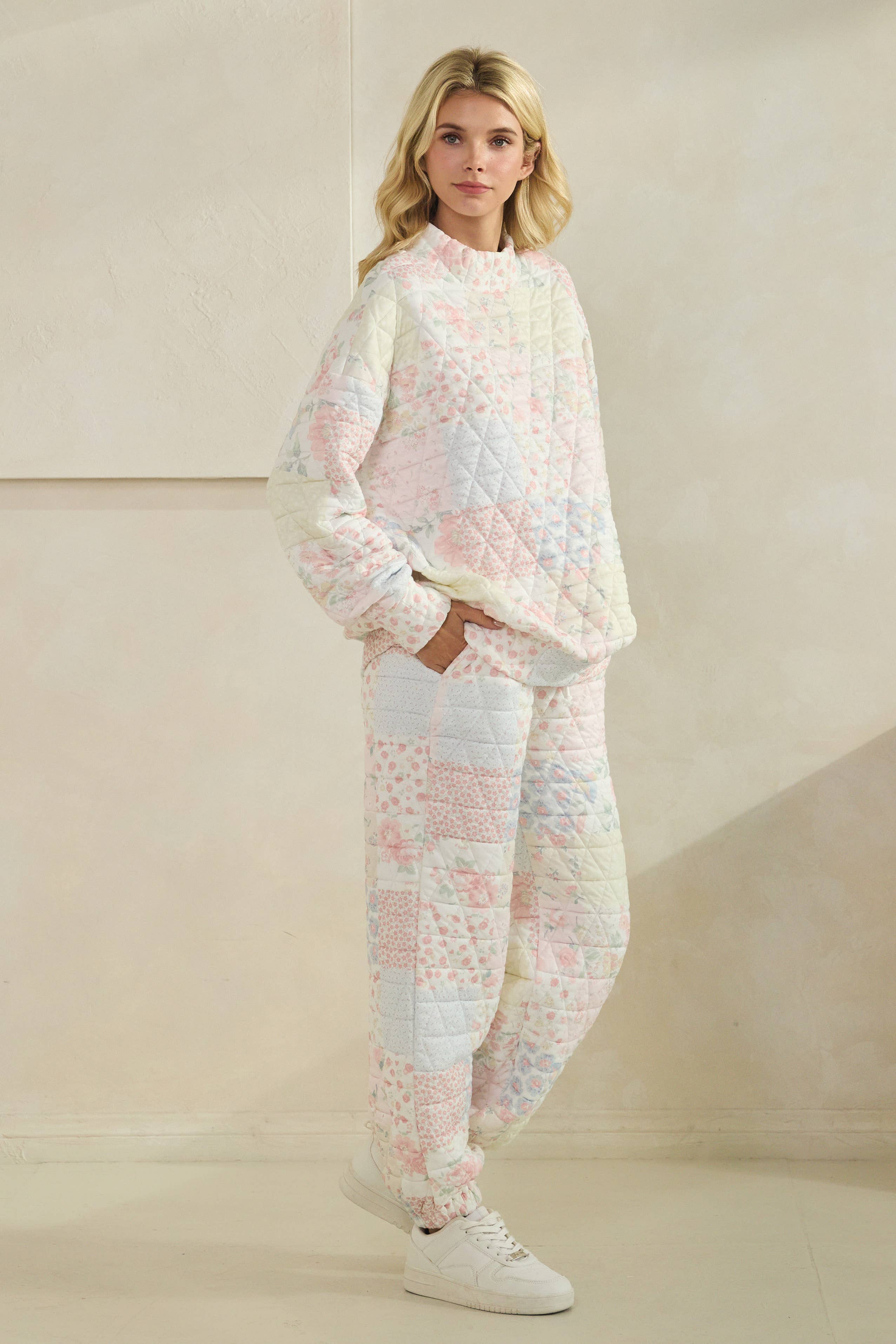 Floral Texture Crew- mock neck