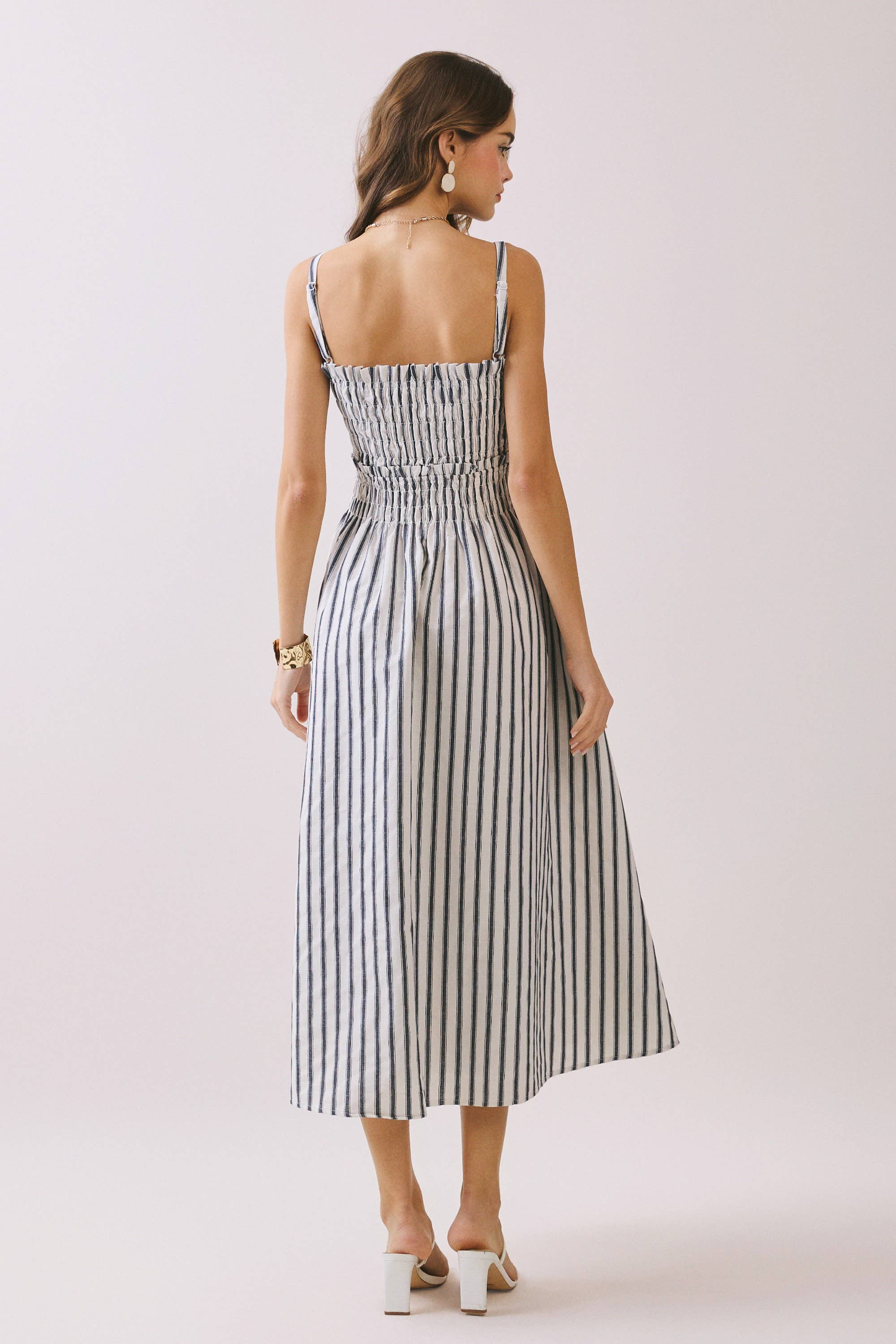 Smocked Bodice Adjustable Straps Striped Dress