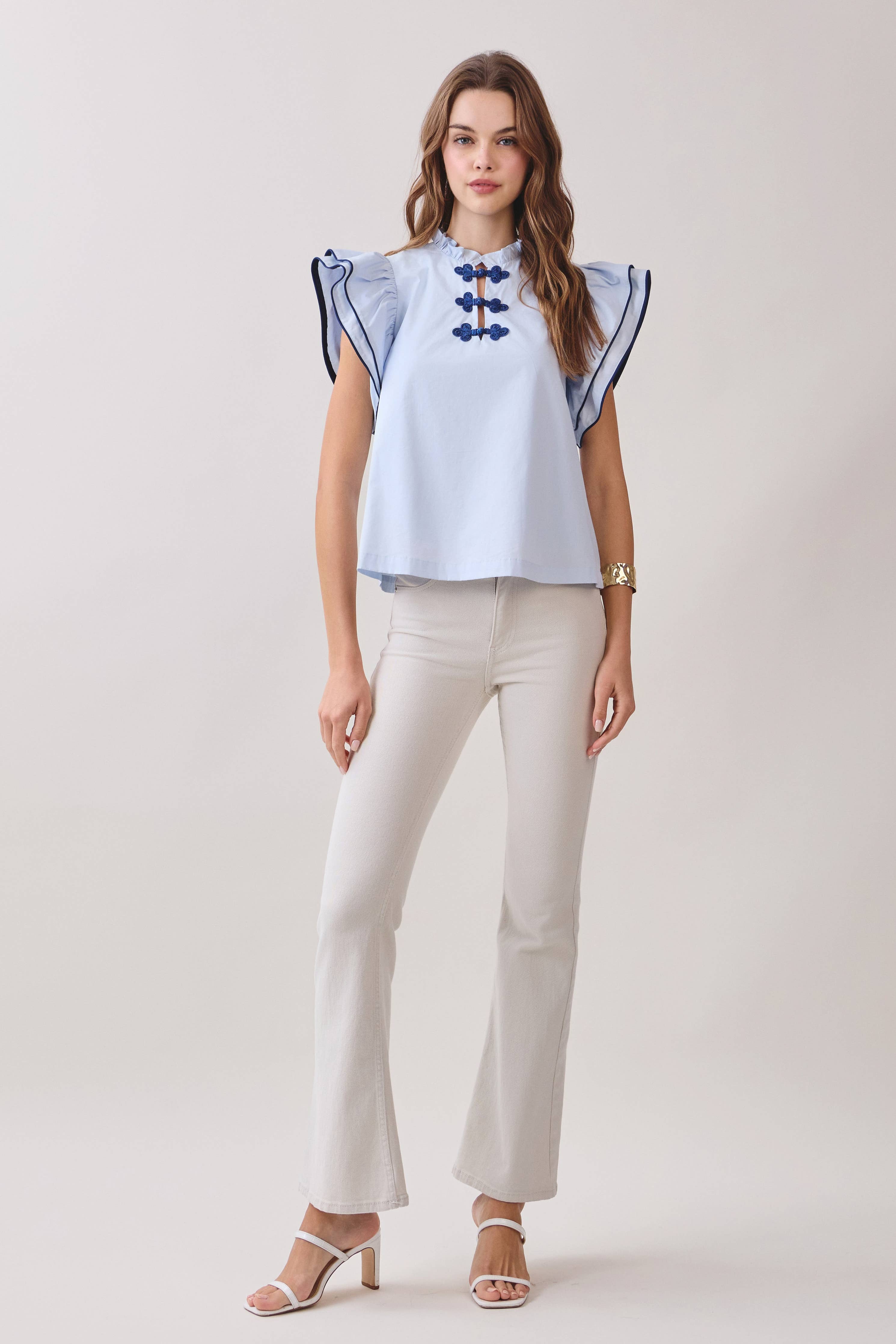 Ruffle Layered Flutter Sleeves Contrast Piping Top