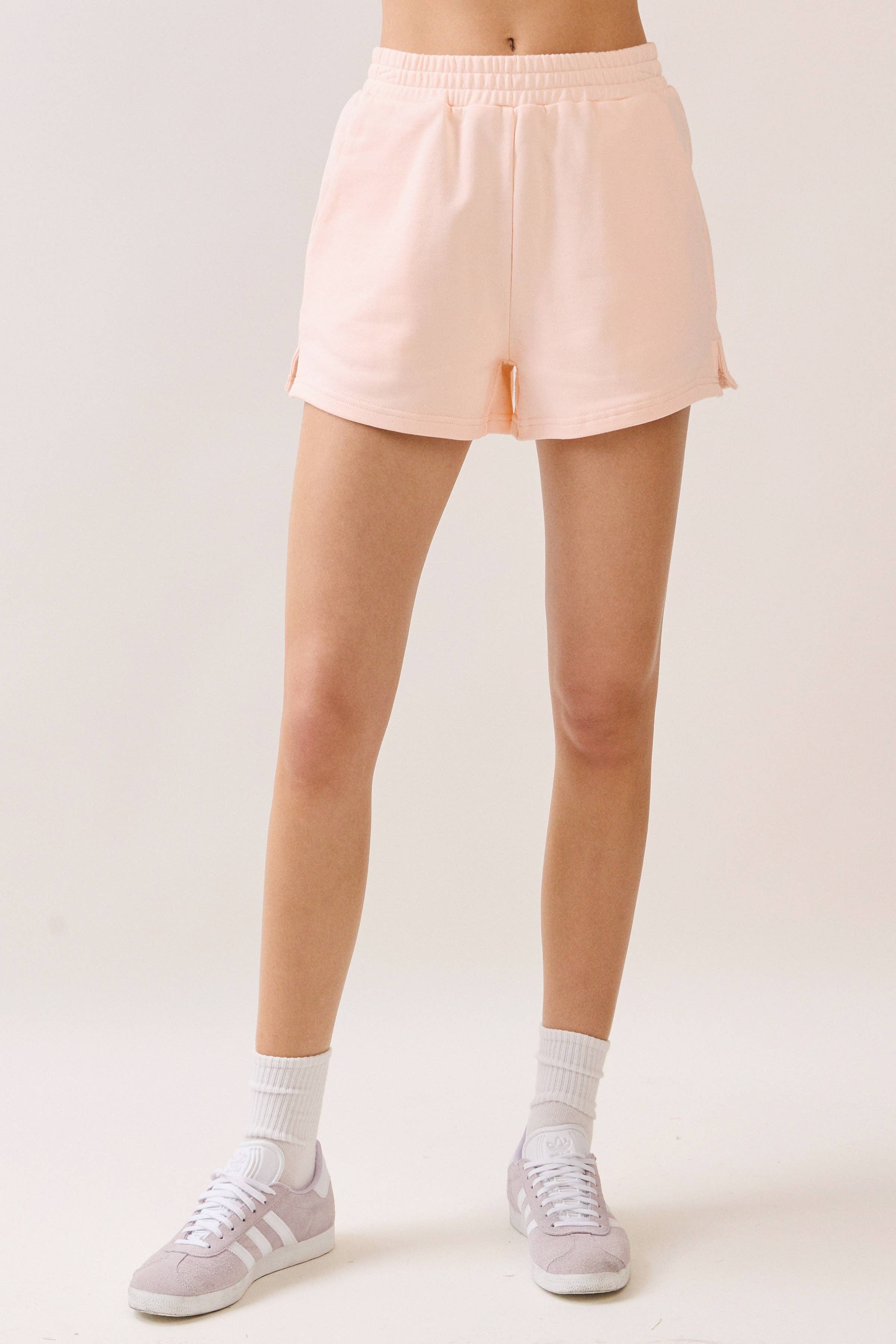 TCEC - CP10337-Elastic Waist Side Slit Solid Knit Relaxed Shorts