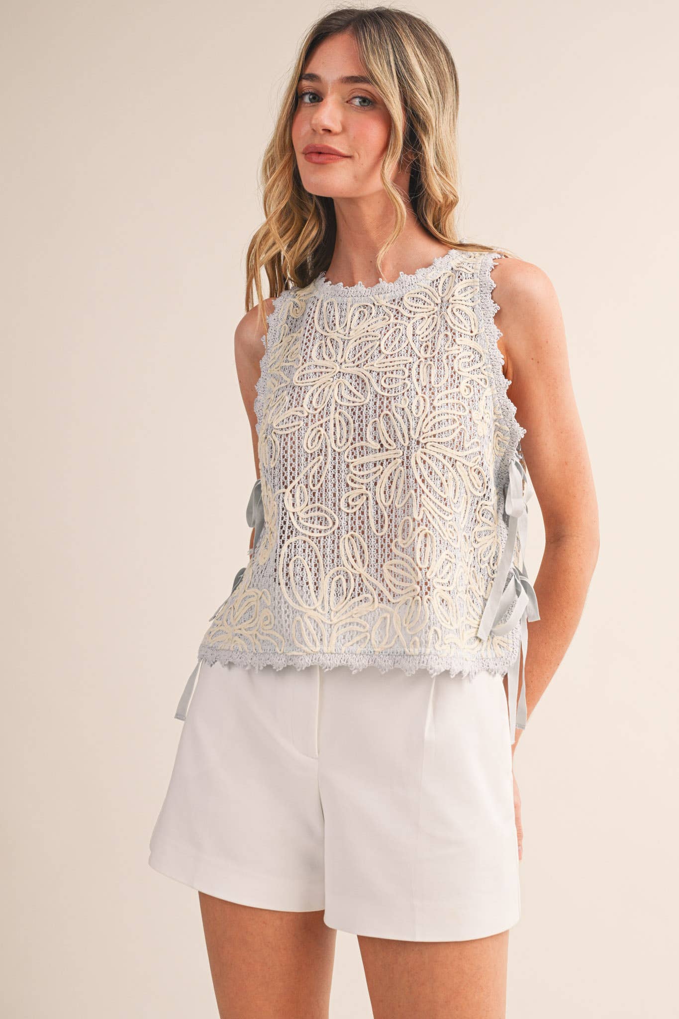 &MERCI - FLORAL CROCHET TANK WITH SIDE TYING DETAIL MTP4770