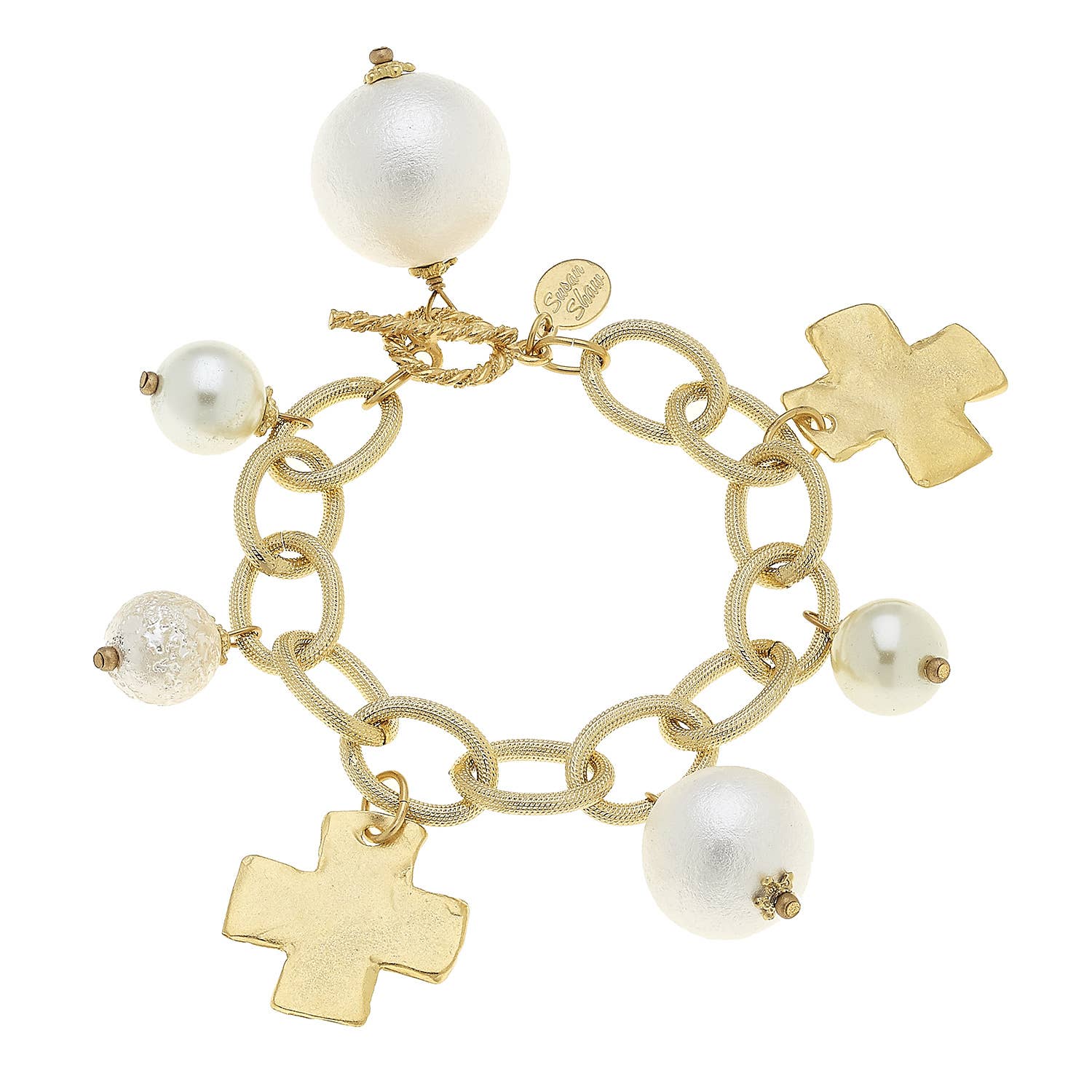 Susan Shaw - Gold Cross and Cotton Pearl Charm Bracelet