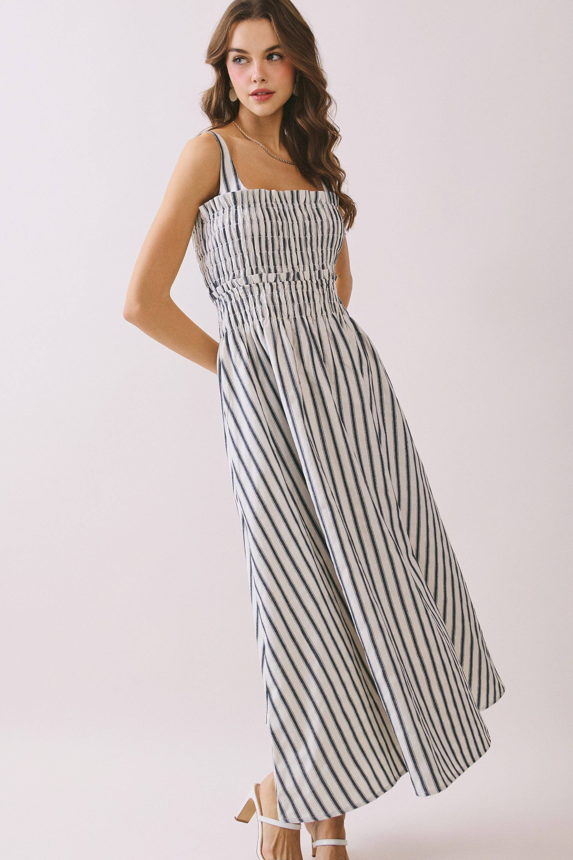 Smocked Bodice Adjustable Straps Striped Dress