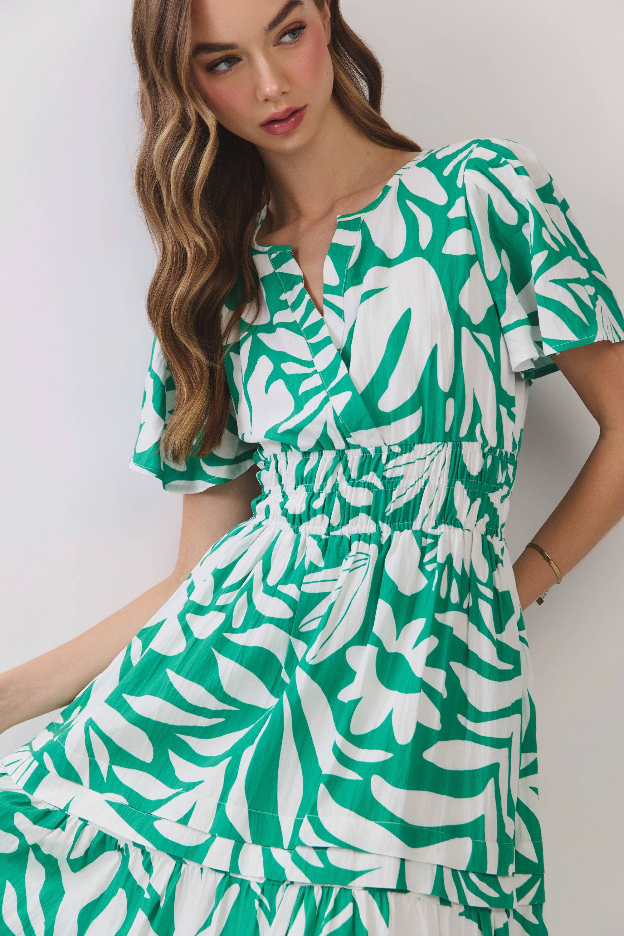 Tropical Print Smocked Waist Tiered Midi Dress