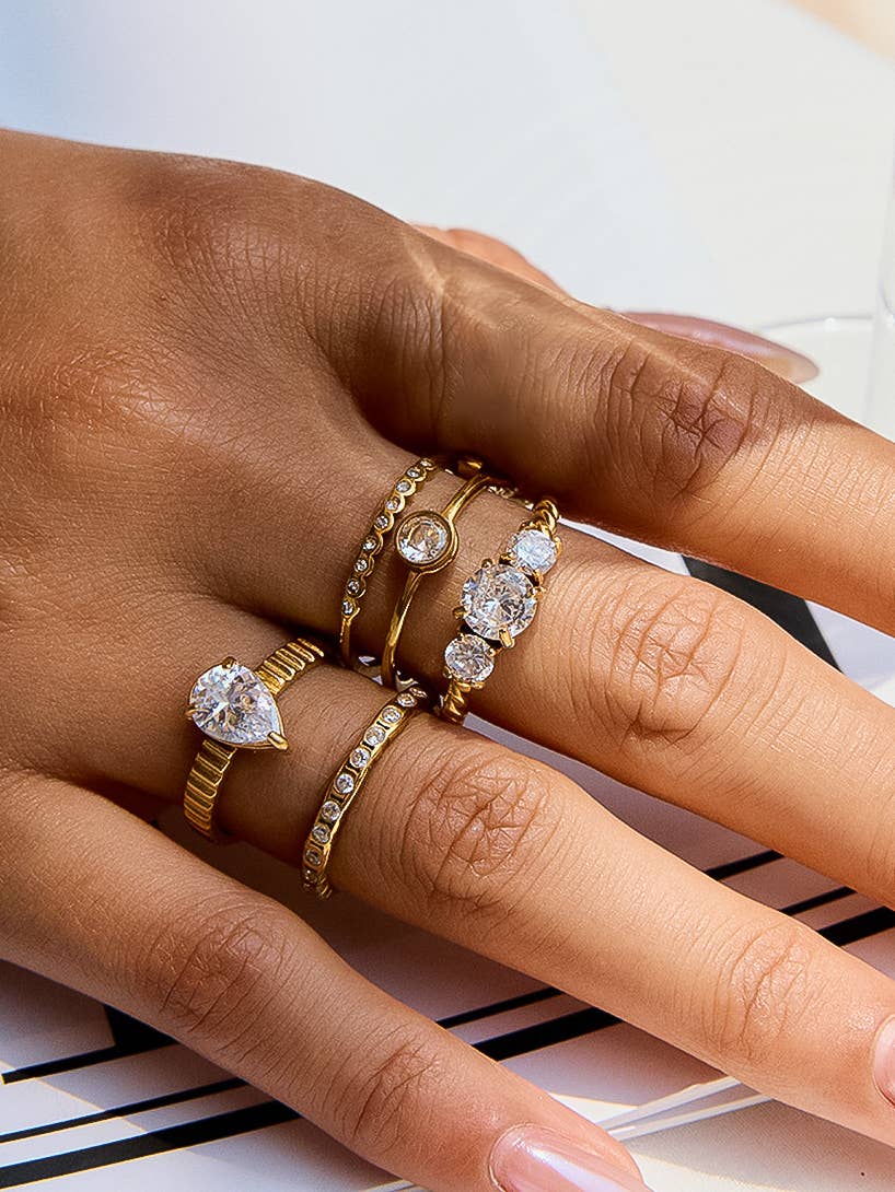 18K Gold Non-Tarnish Statement Pear Stone Ring