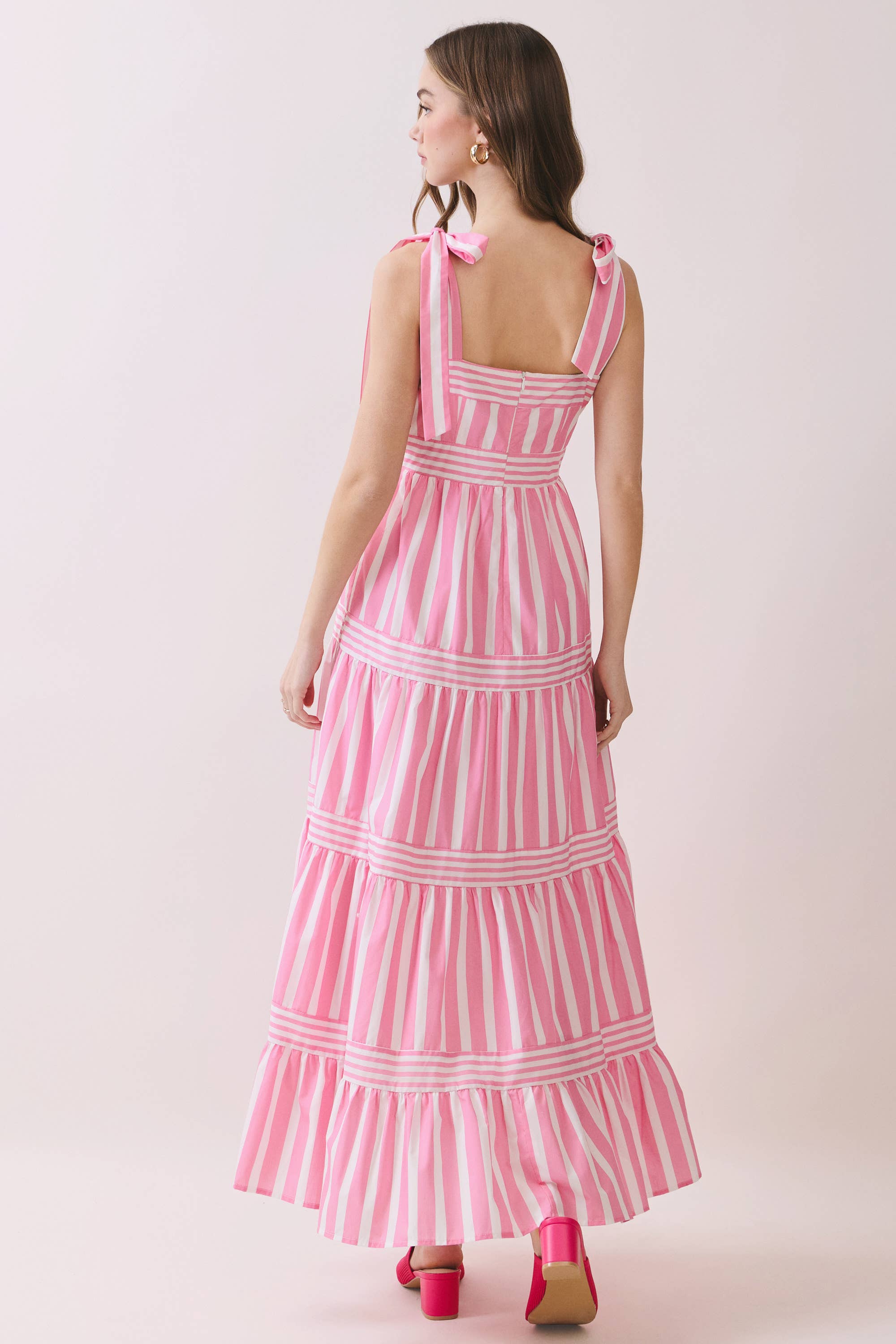TCEC - CD06611-Striped Adjustable Tie Shoulder Straps Maxi Dress