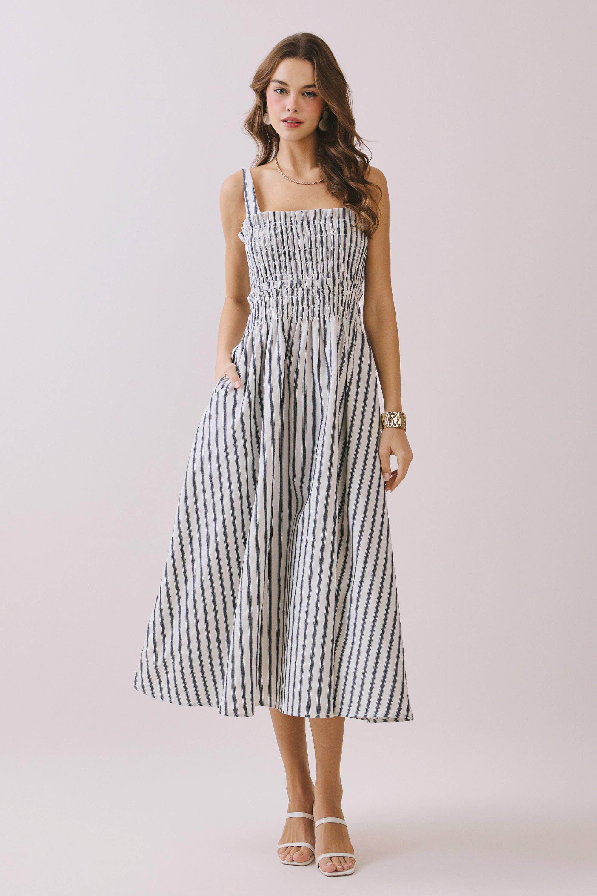 Smocked Bodice Adjustable Straps Striped Dress