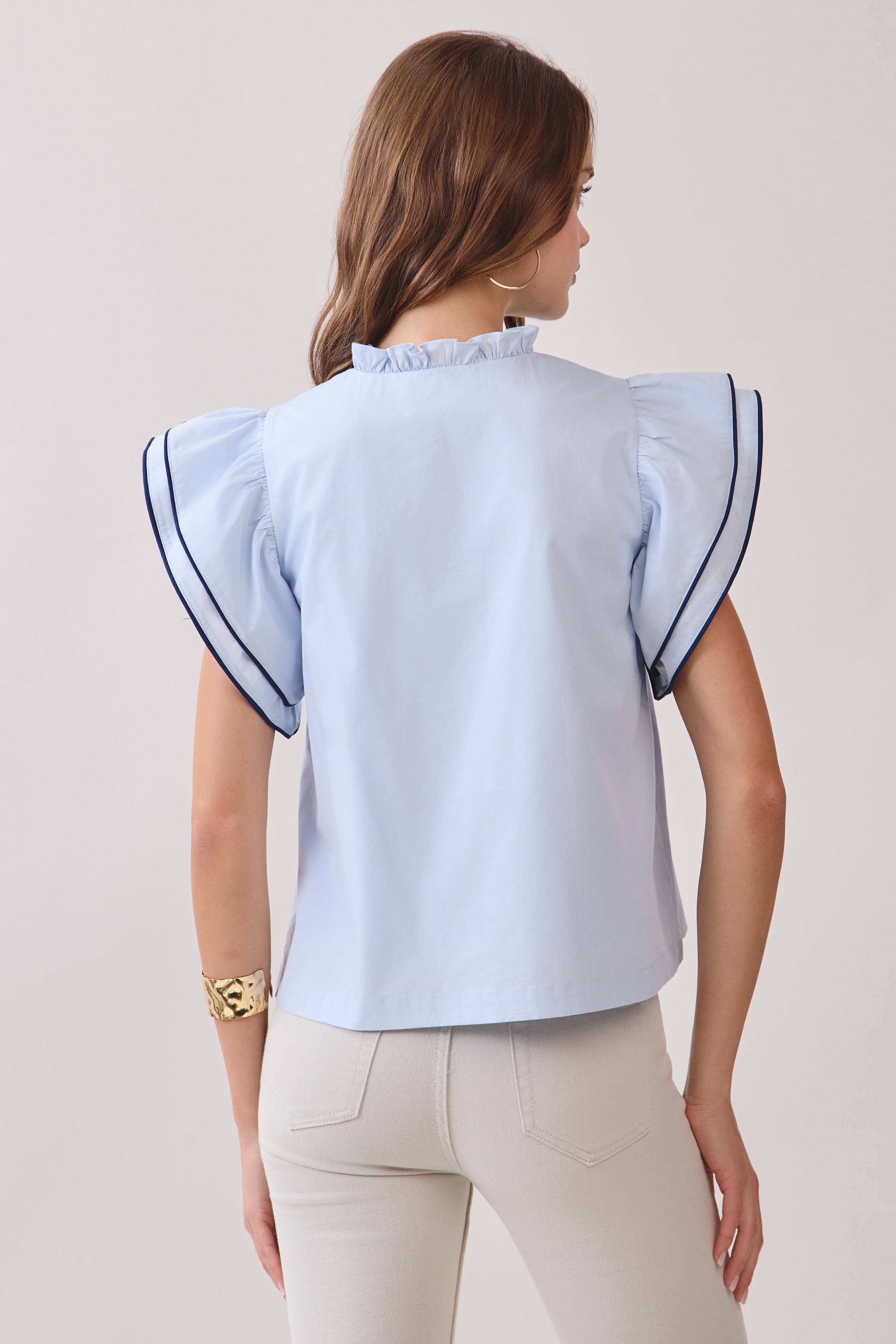 Ruffle Layered Flutter Sleeves Contrast Piping Top