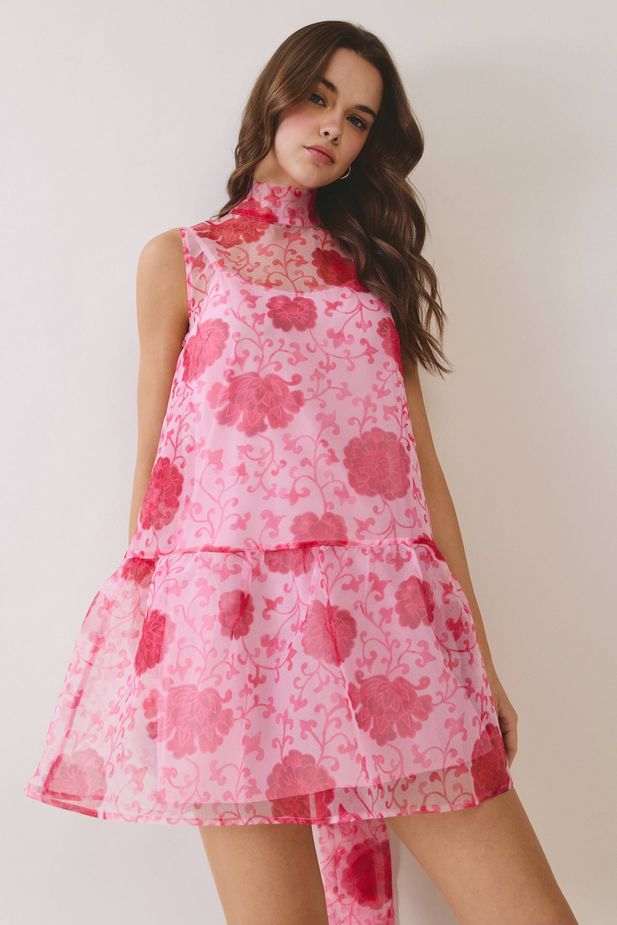 TCEC - CD06998-Floral Sheer High Neck With Self Tie Mini Dress