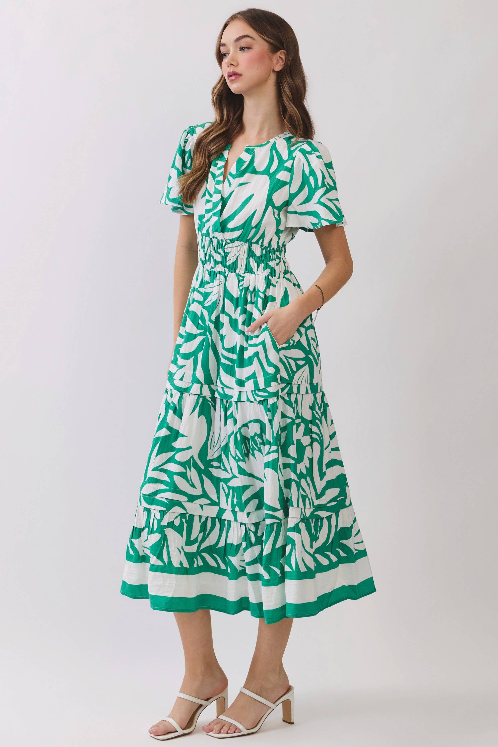 Tropical Print Smocked Waist Tiered Midi Dress