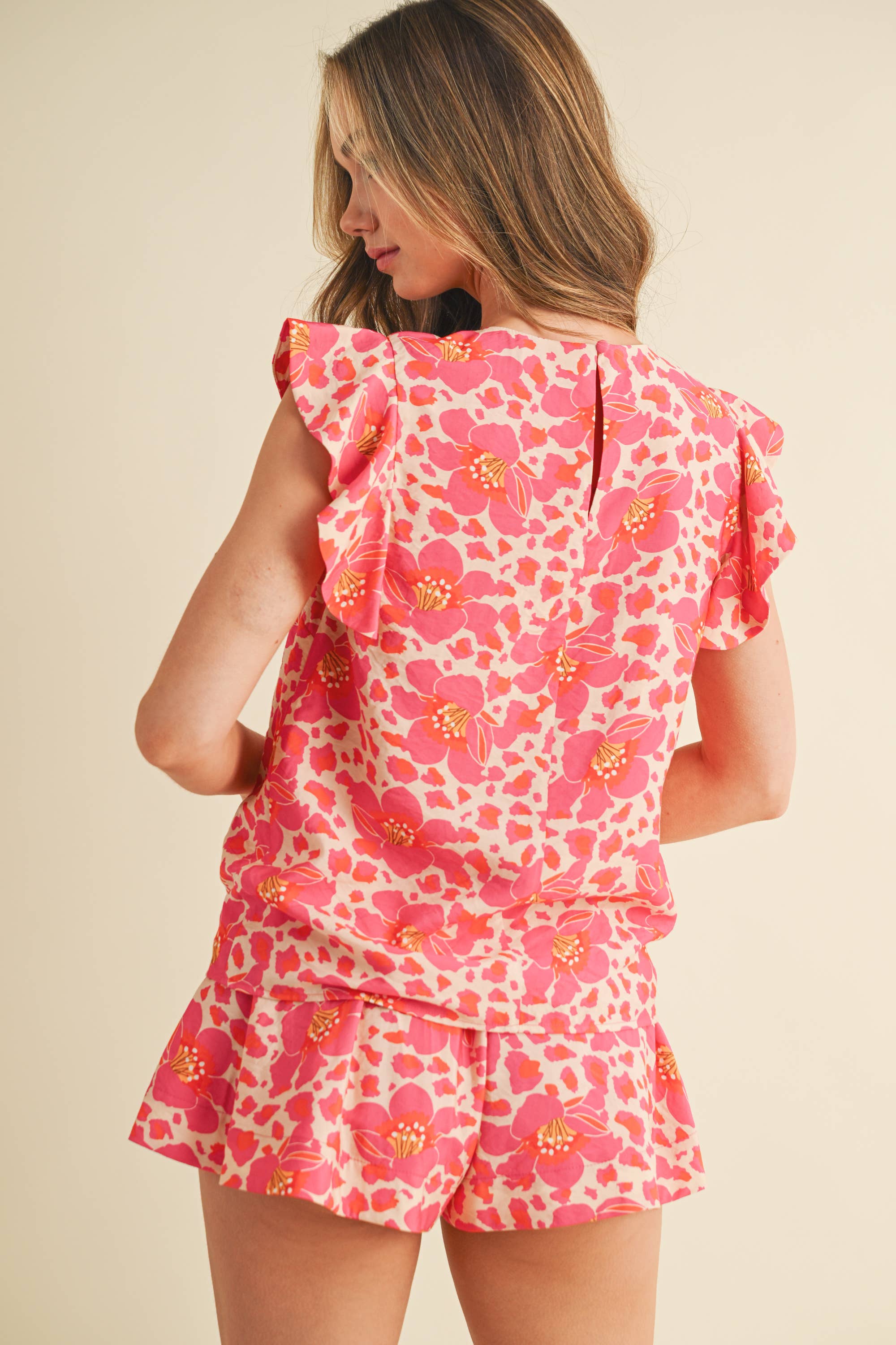 Floral Print Flutter Sleeves Round Neckline Top